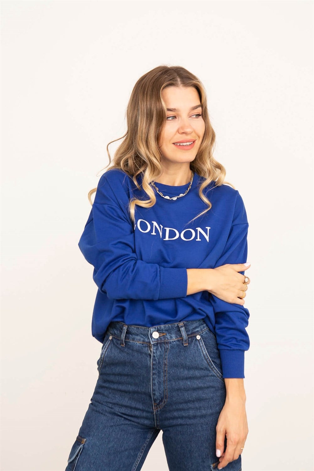 Saks Mavisi London Baskı Bisiklet Yaka Oversize Sweatshirt