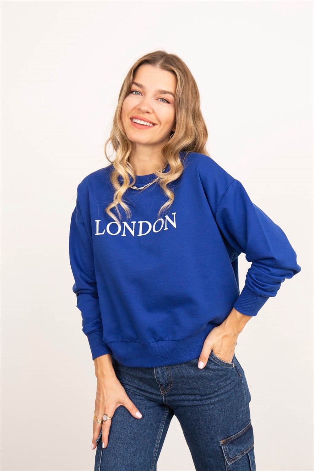 Saks Mavisi London Baskı Bisiklet Yaka Oversize Sweatshirt