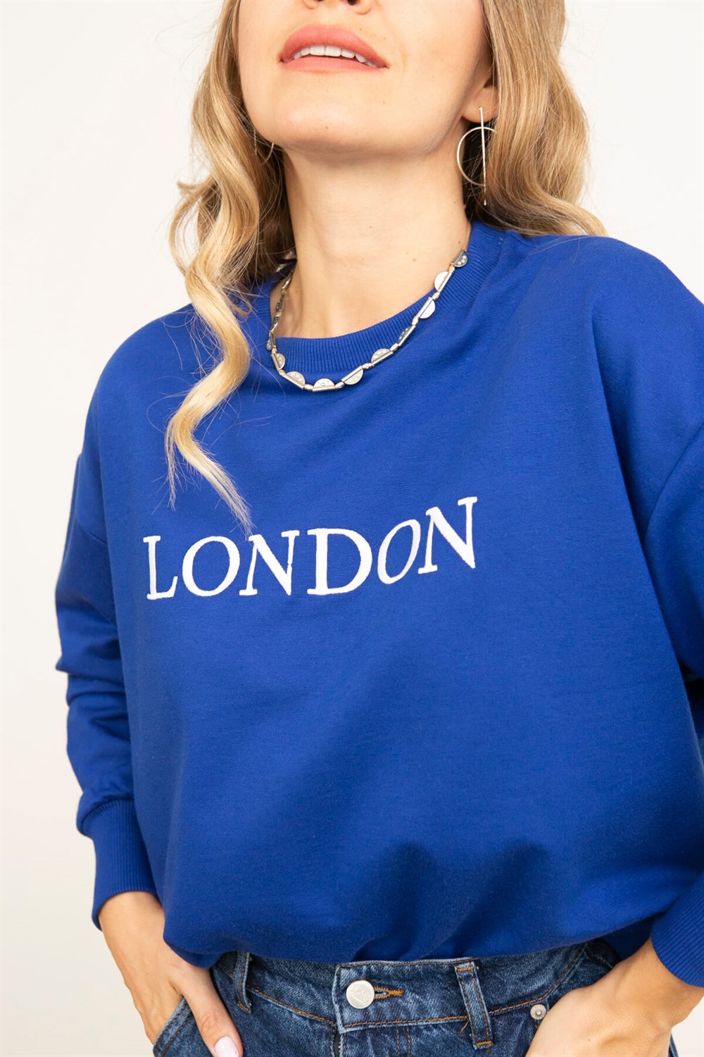 Saks Mavisi London Baskı Bisiklet Yaka Oversize Sweatshirt
