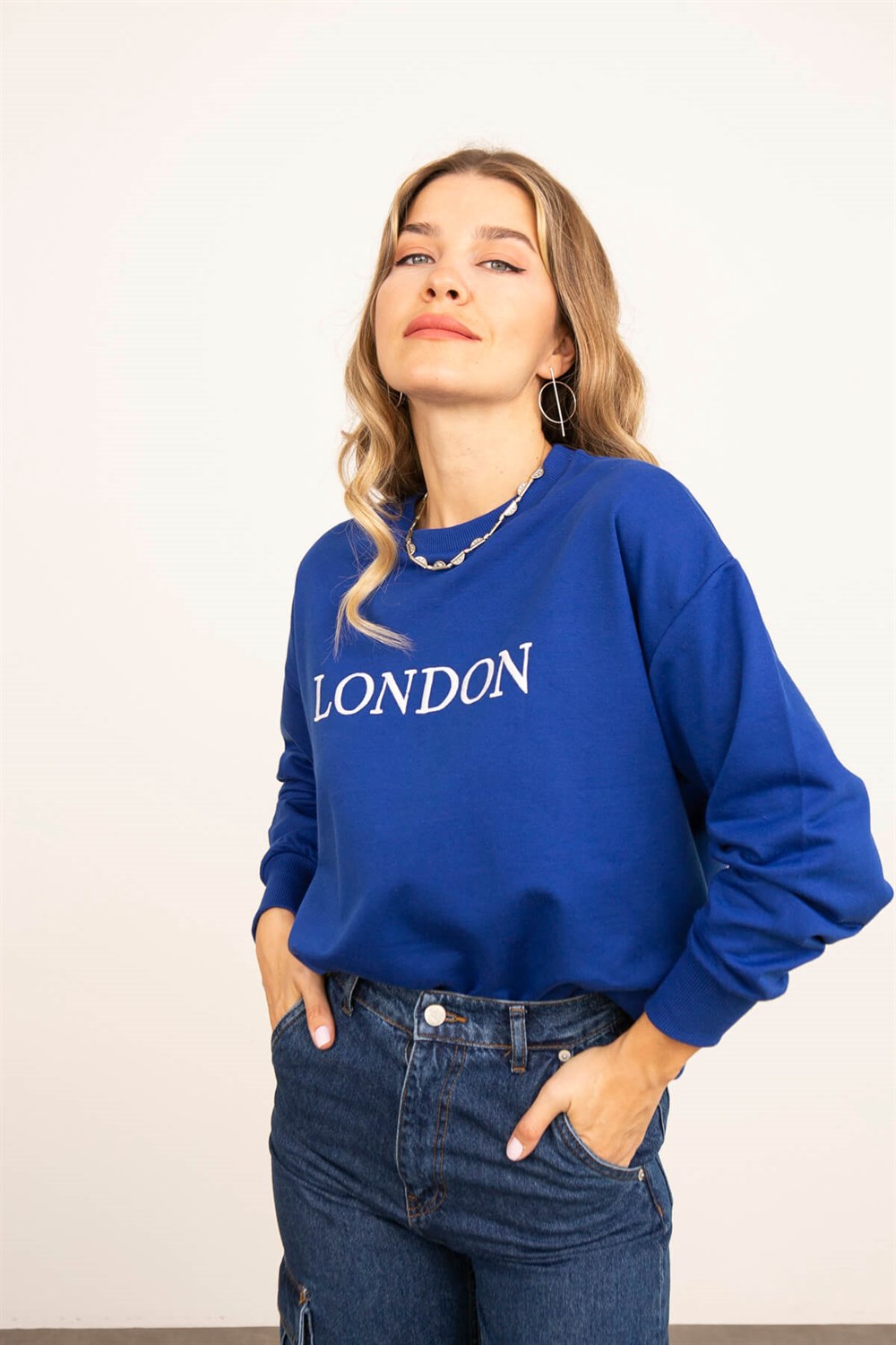 Saks Mavisi London Baskı Bisiklet Yaka Oversize Sweatshirt