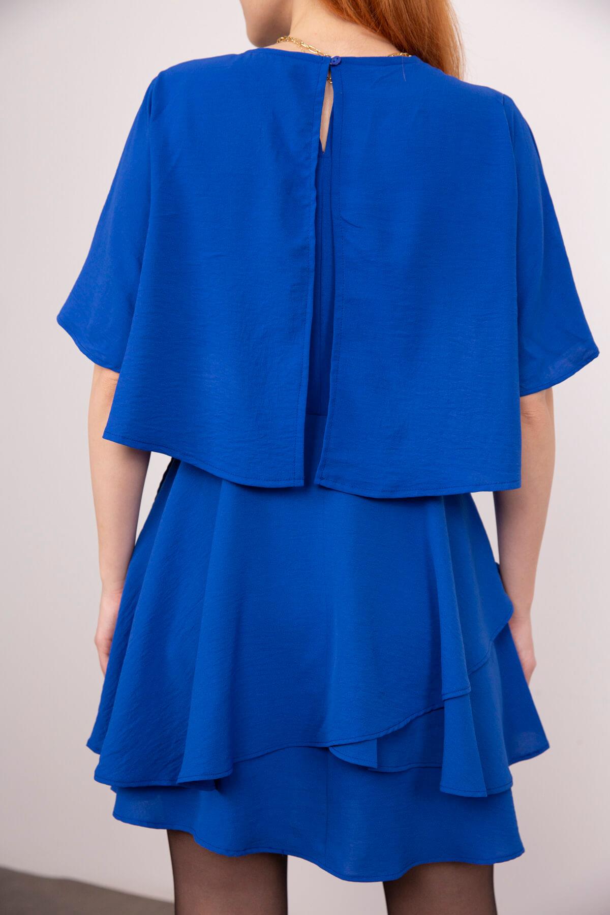 Saks Mavisi Yarasa Kol Volanlı Mini Elbise