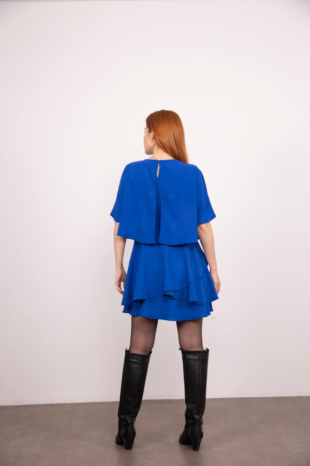 Saks Mavisi Yarasa Kol Volanlı Mini Elbise