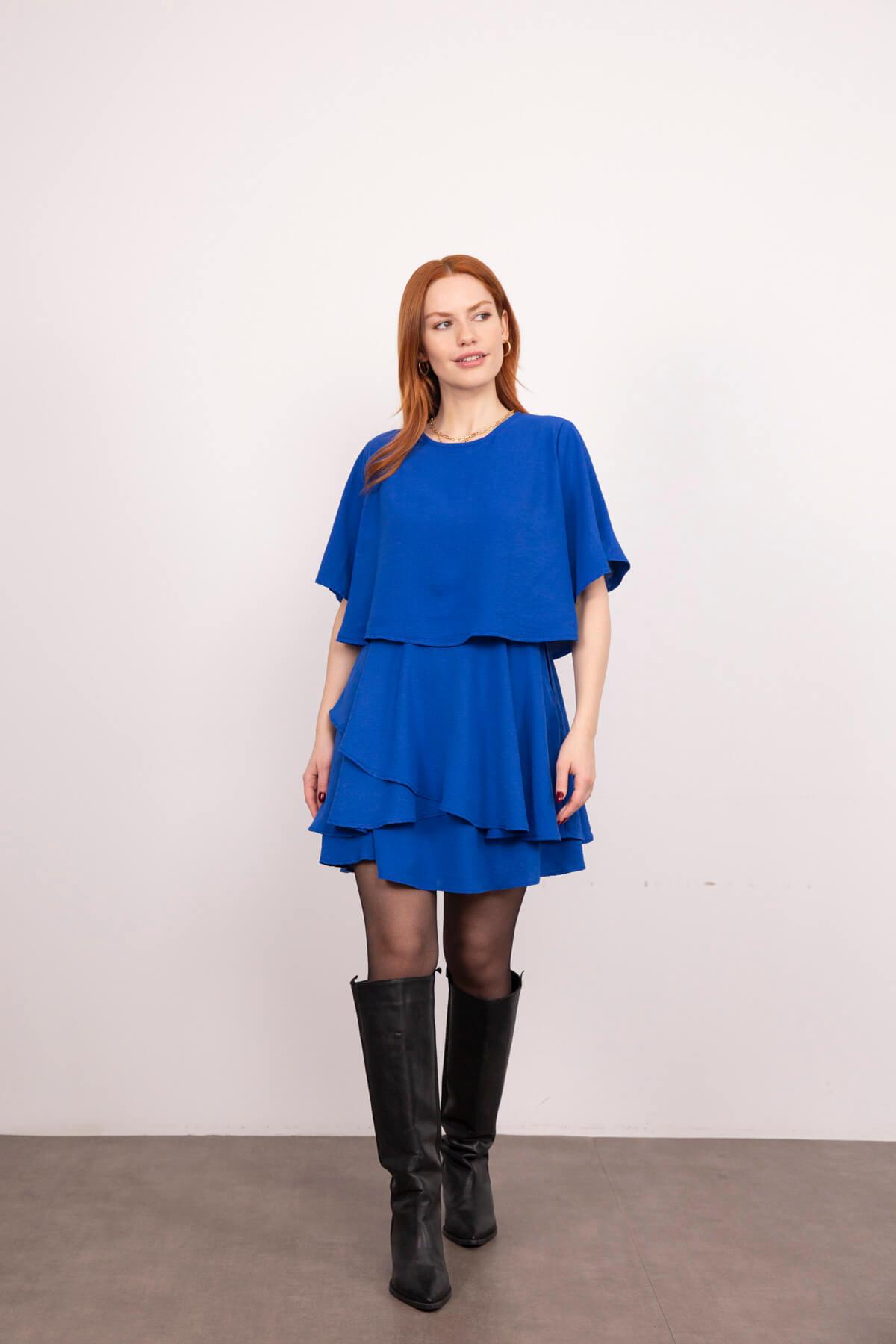 Saks Mavisi Yarasa Kol Volanlı Mini Elbise