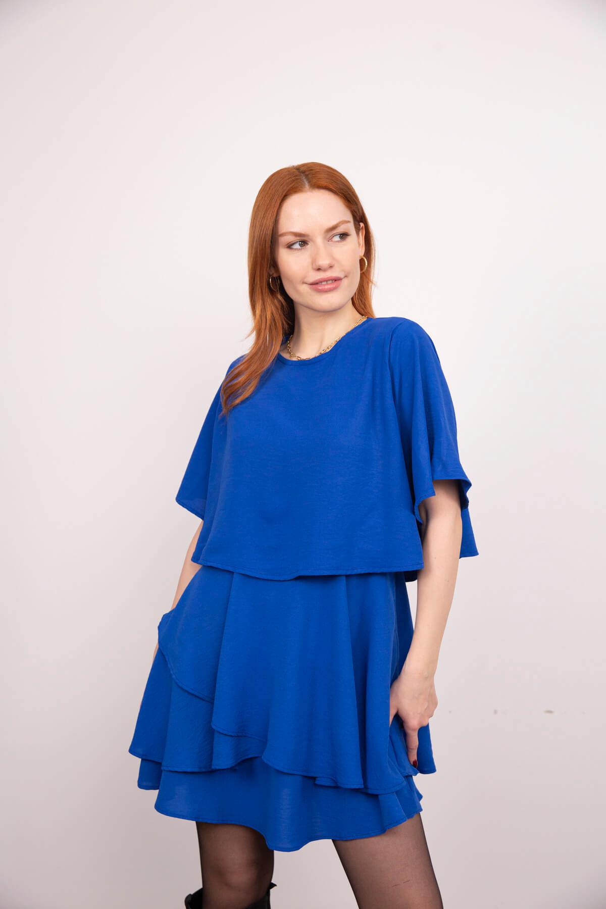 Saks Mavisi Yarasa Kol Volanlı Mini Elbise