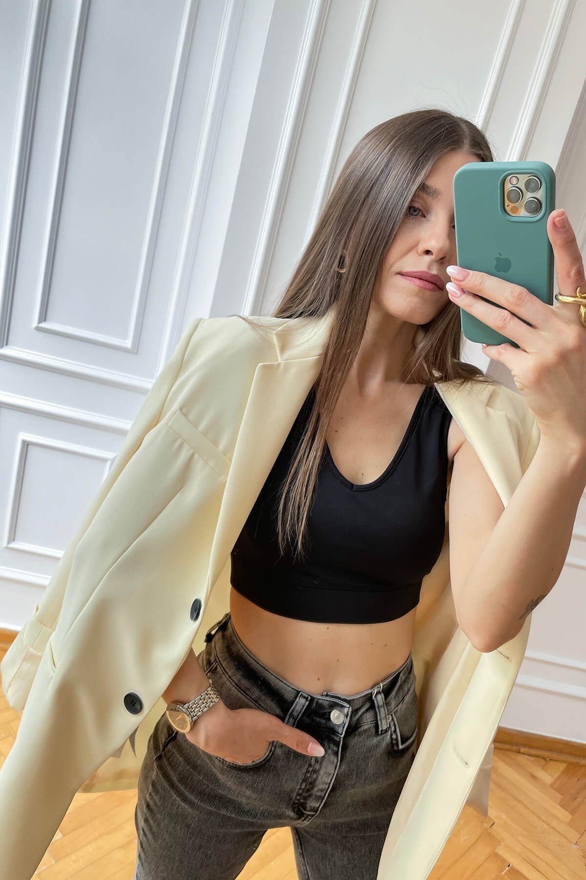Şampanya Rengi Astarlı Blazer Ceket