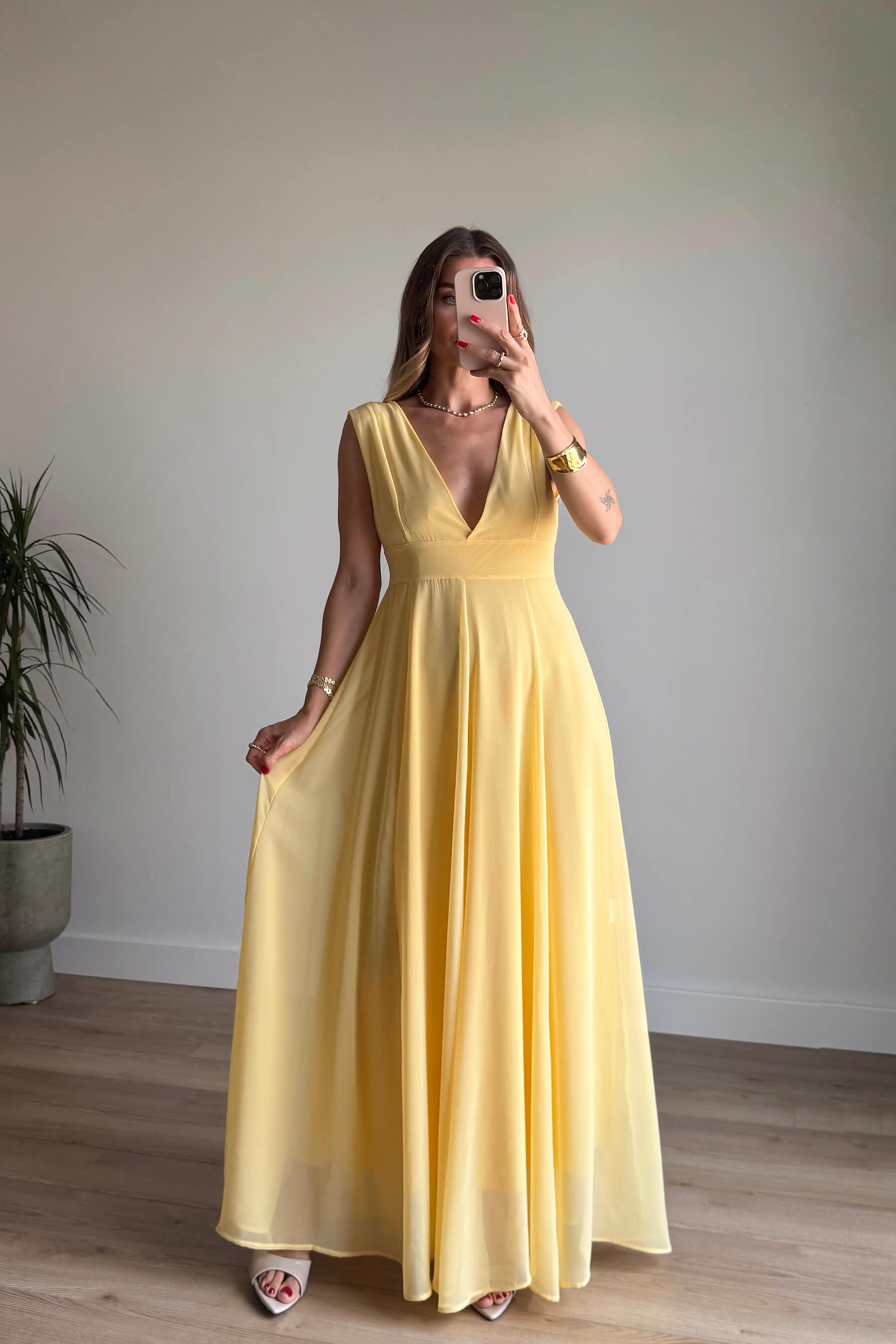 Sarı Derin V Yaka Kalın Askılı Astarlı Şifon Elbise