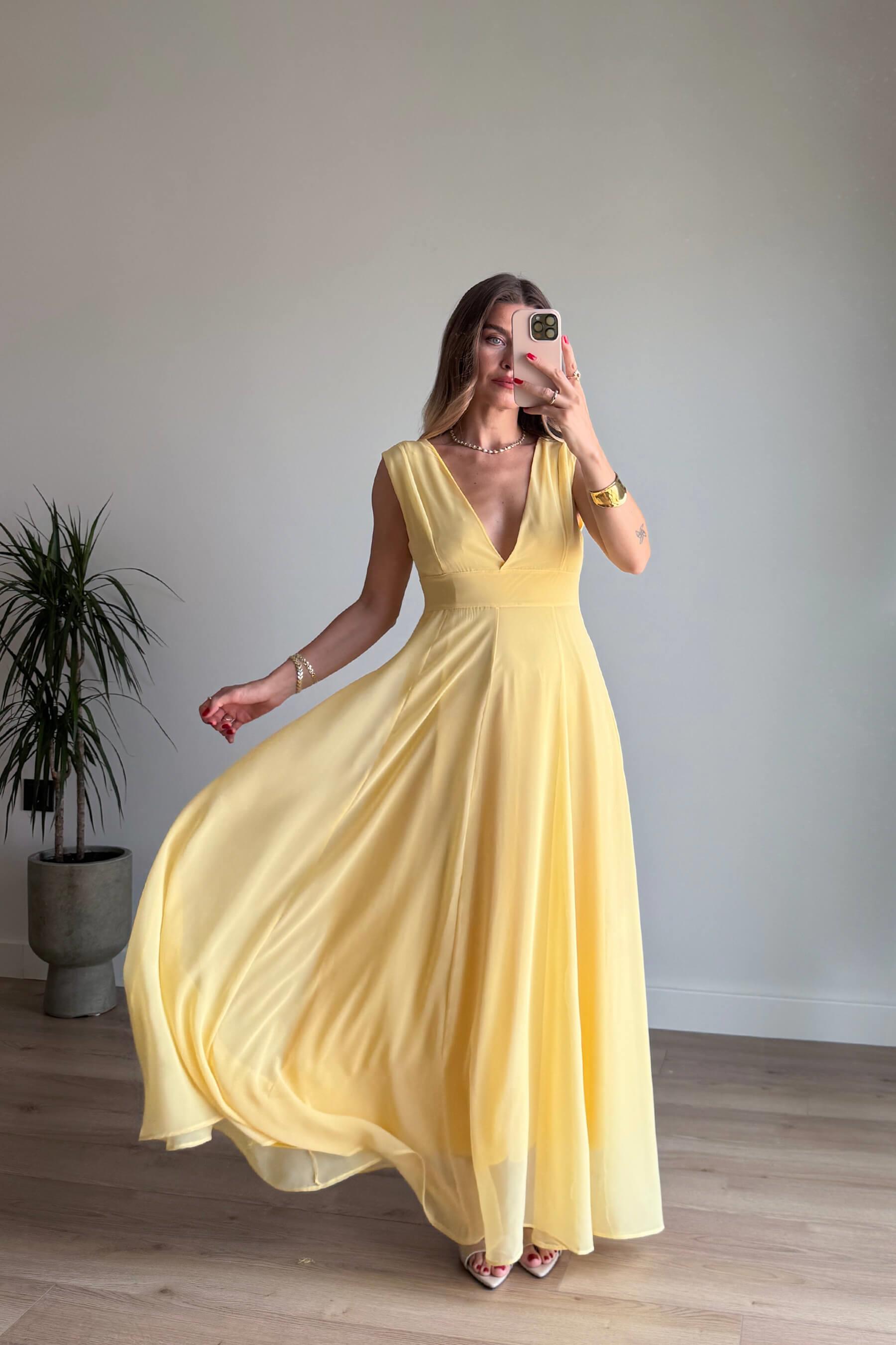 Sarı Derin V Yaka Kalın Askılı Astarlı Şifon Elbise