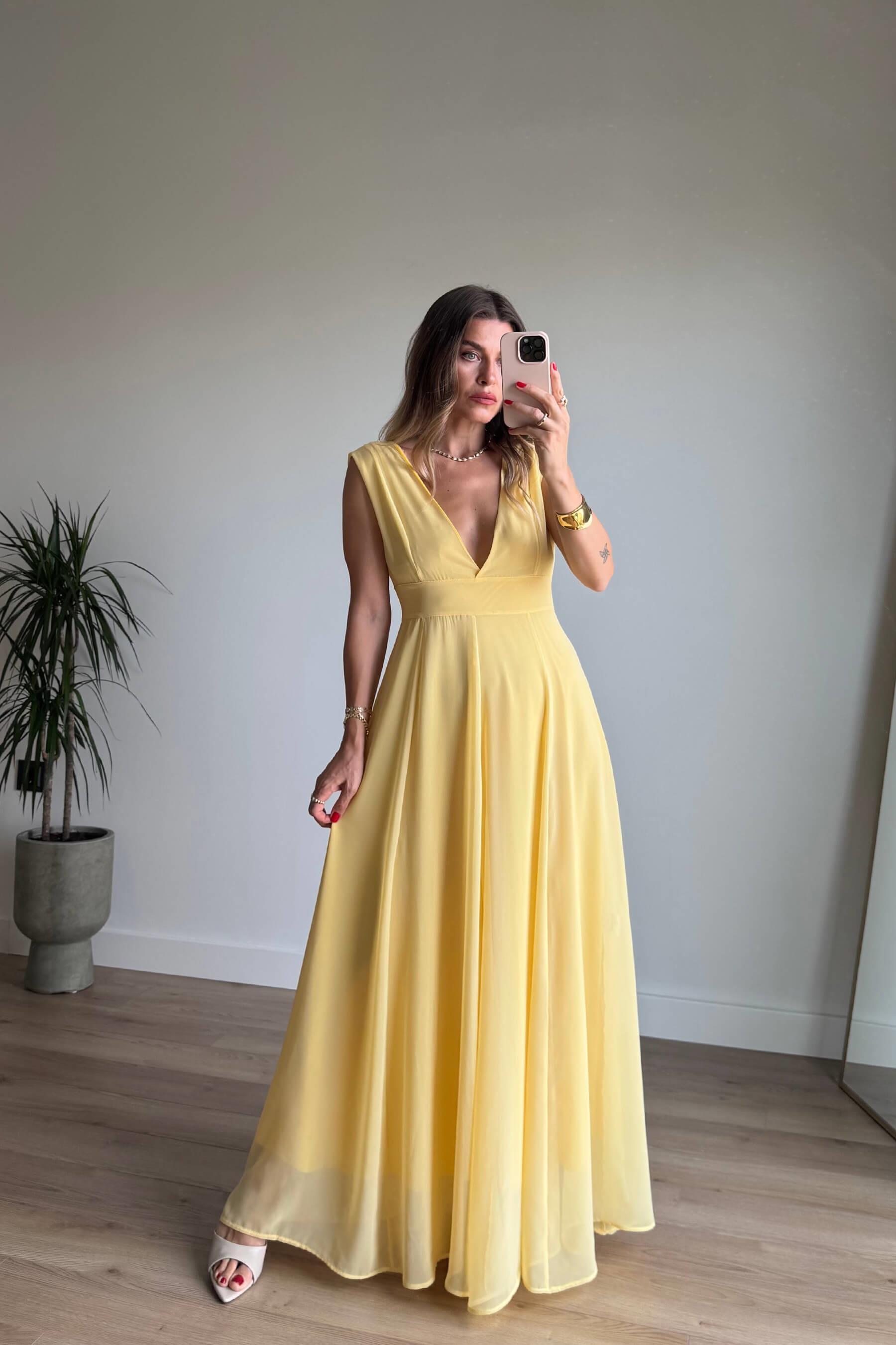 Sarı Derin V Yaka Kalın Askılı Astarlı Şifon Elbise