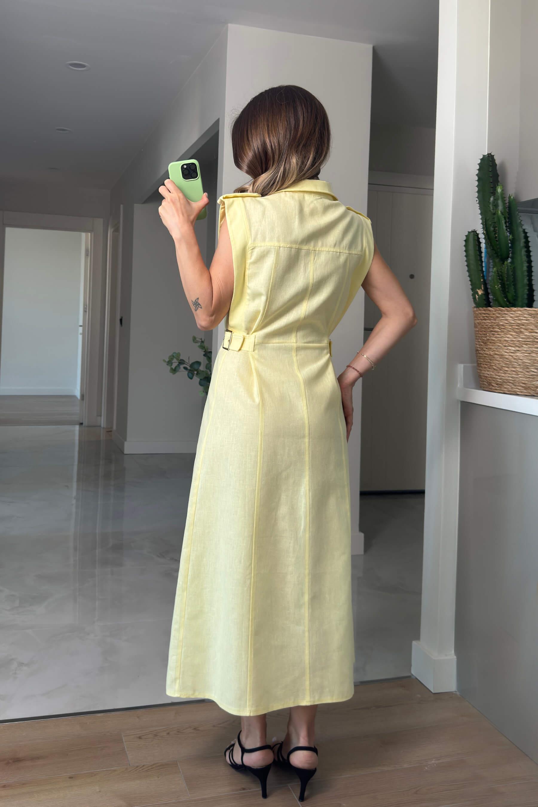 Sarı Kemer Detaylı Keten Gömlek Elbise