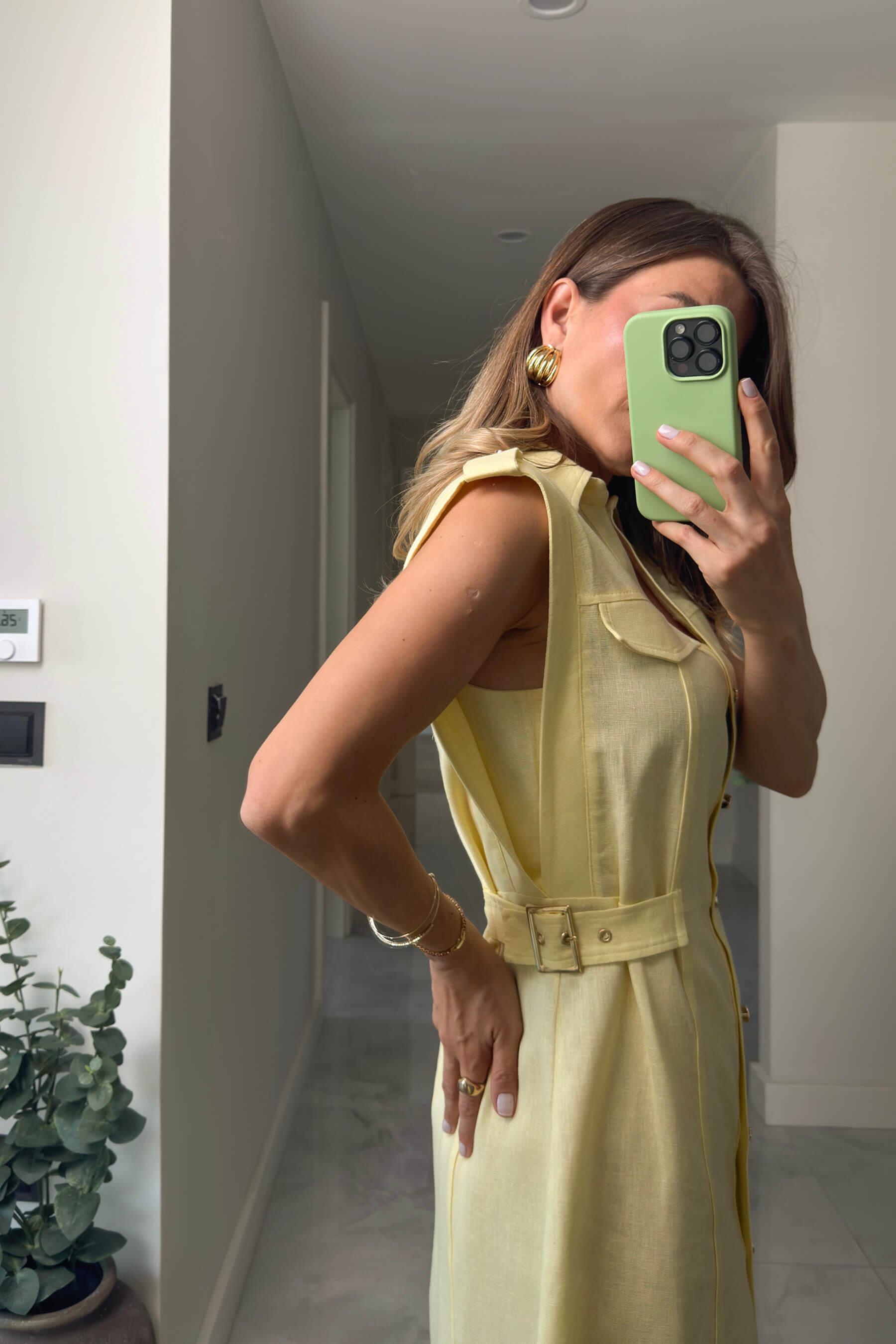 Sarı Kemer Detaylı Keten Gömlek Elbise