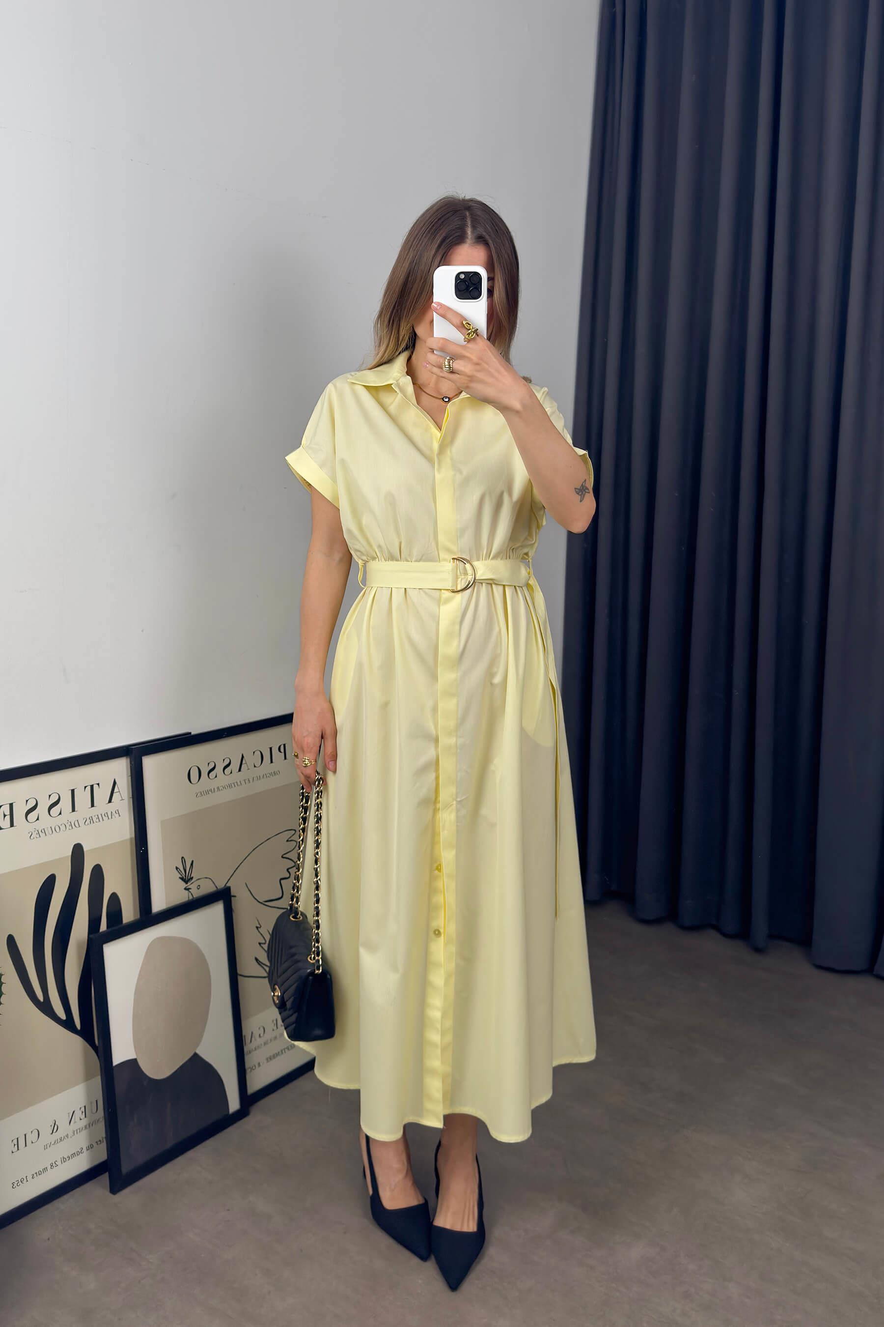 Sarı Kemerli Gömlek Elbise