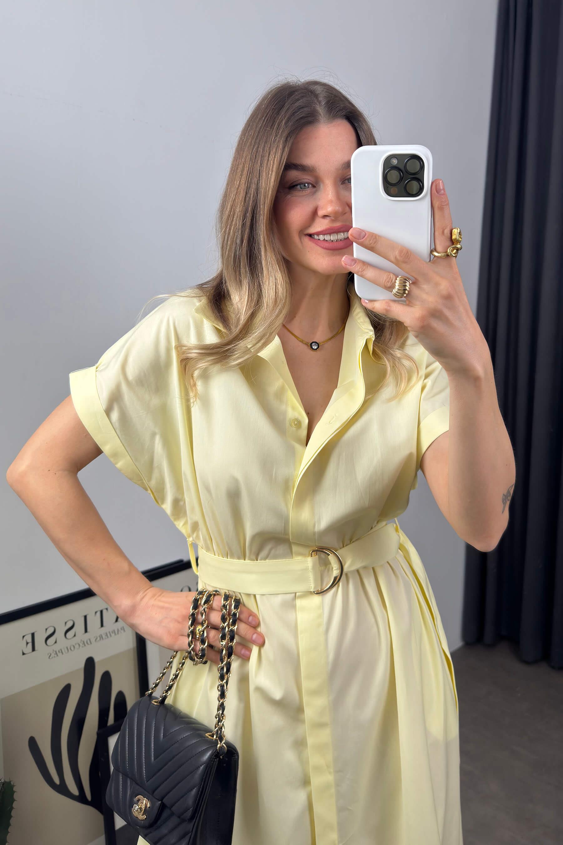 Sarı Kemerli Gömlek Elbise