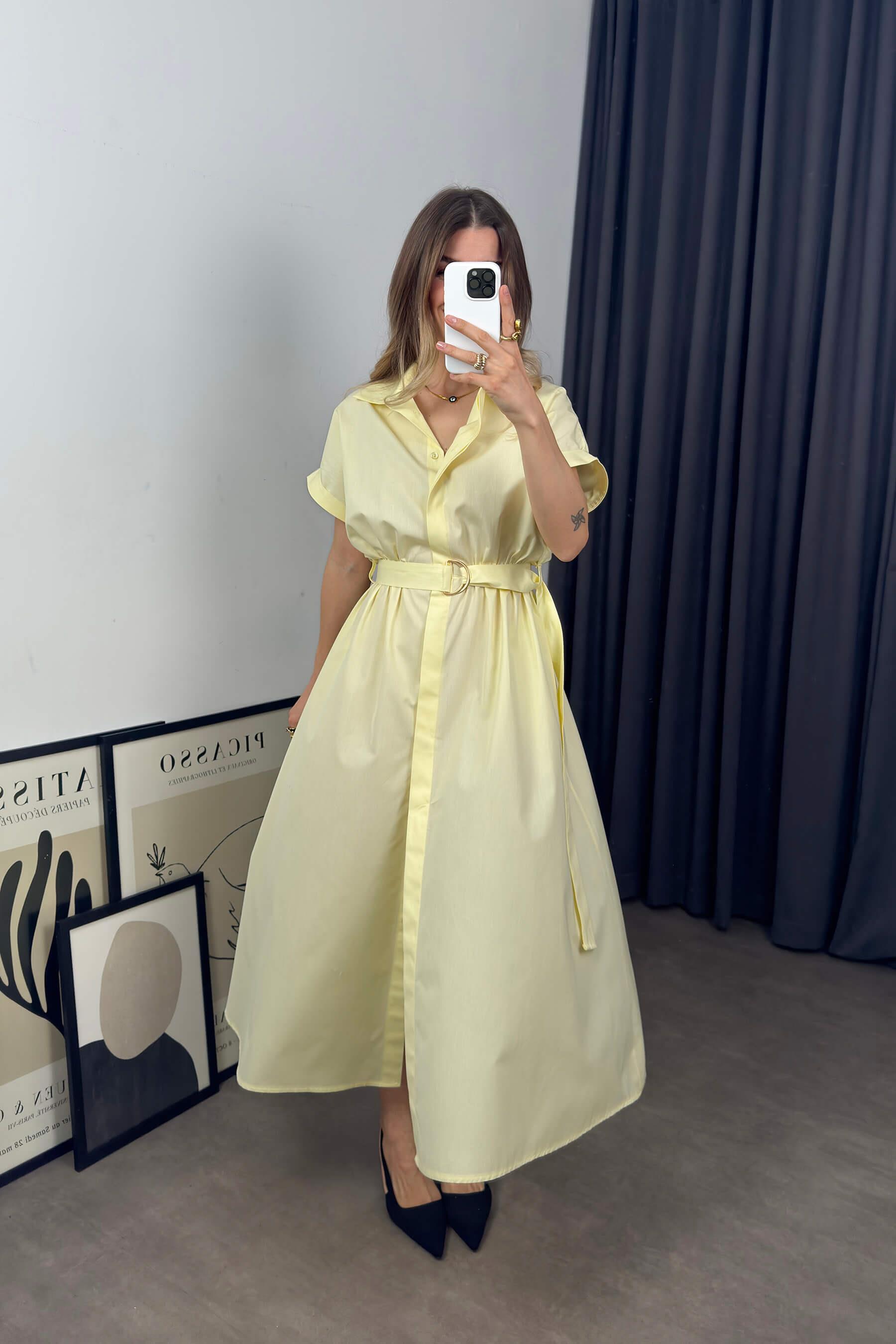 Sarı Kemerli Gömlek Elbise