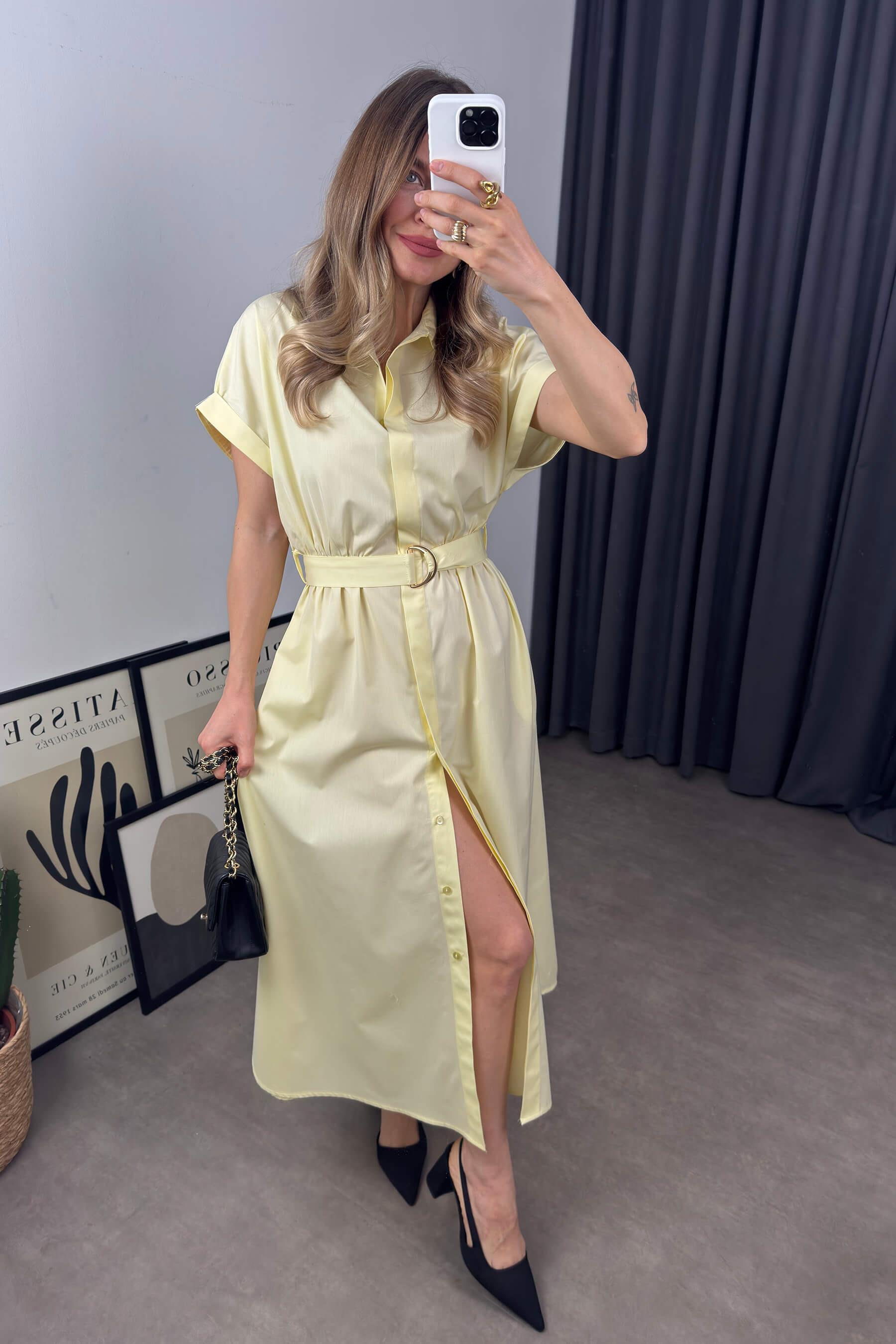 Sarı Kemerli Gömlek Elbise