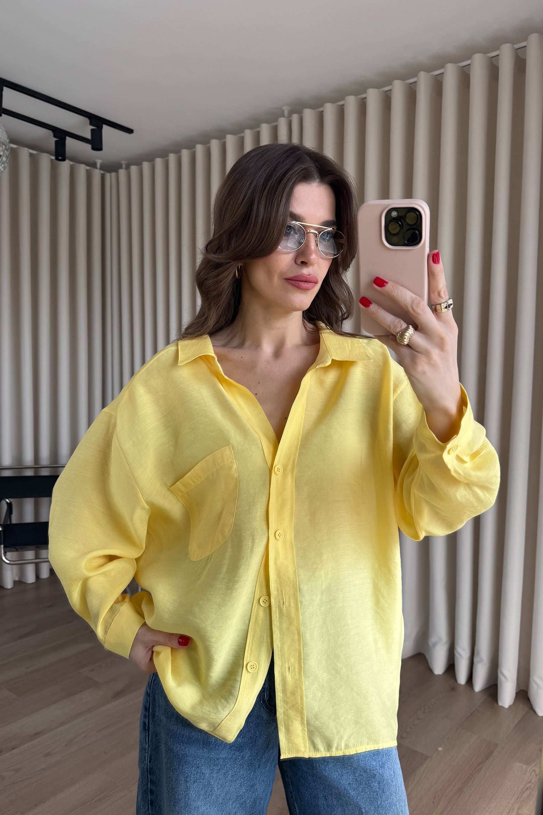 Sarı Oversize Modal Kumaş Gömlek