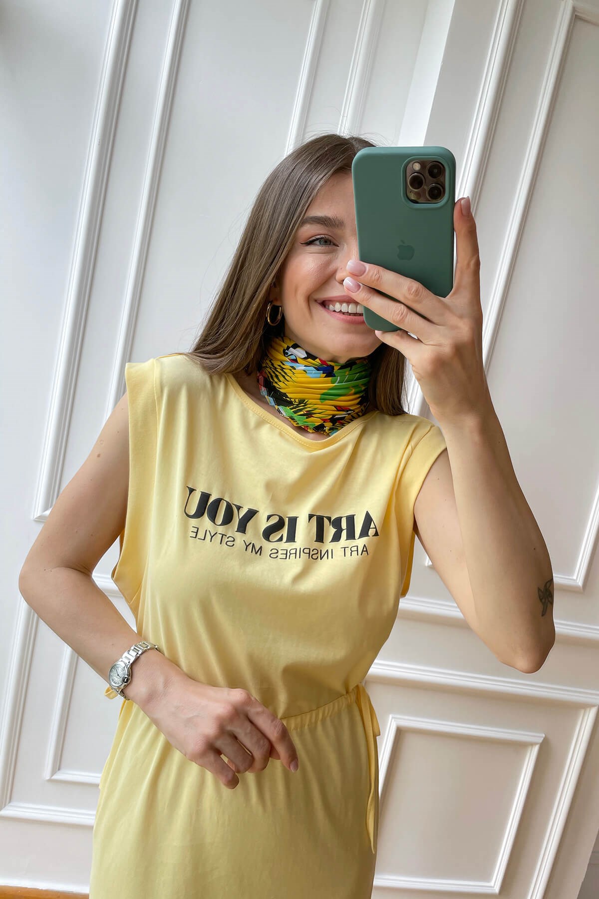 Sarı Penye Beli Büzgülü Elbise
