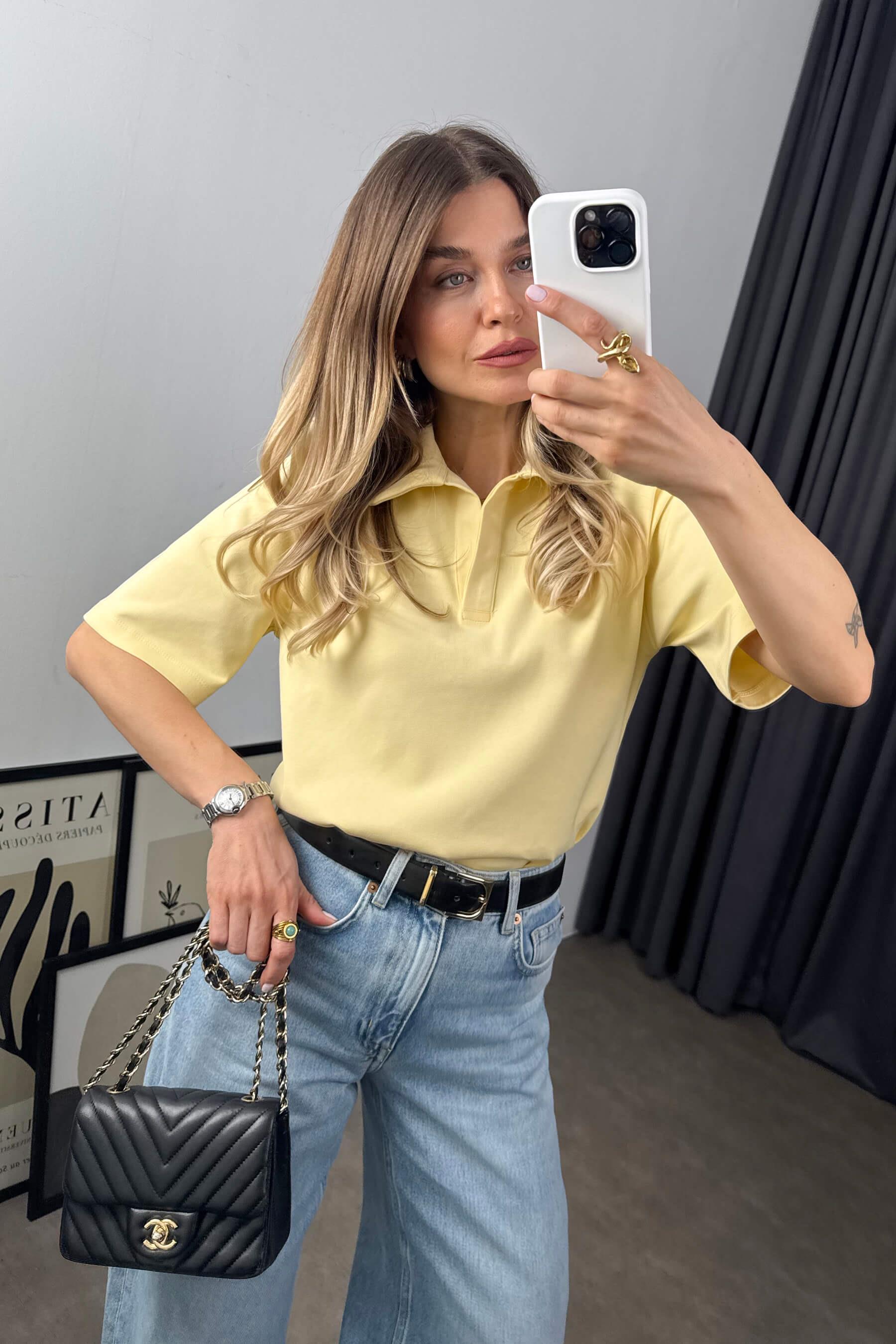 Sarı Polo Yaka Vatkalı Premium Bluz