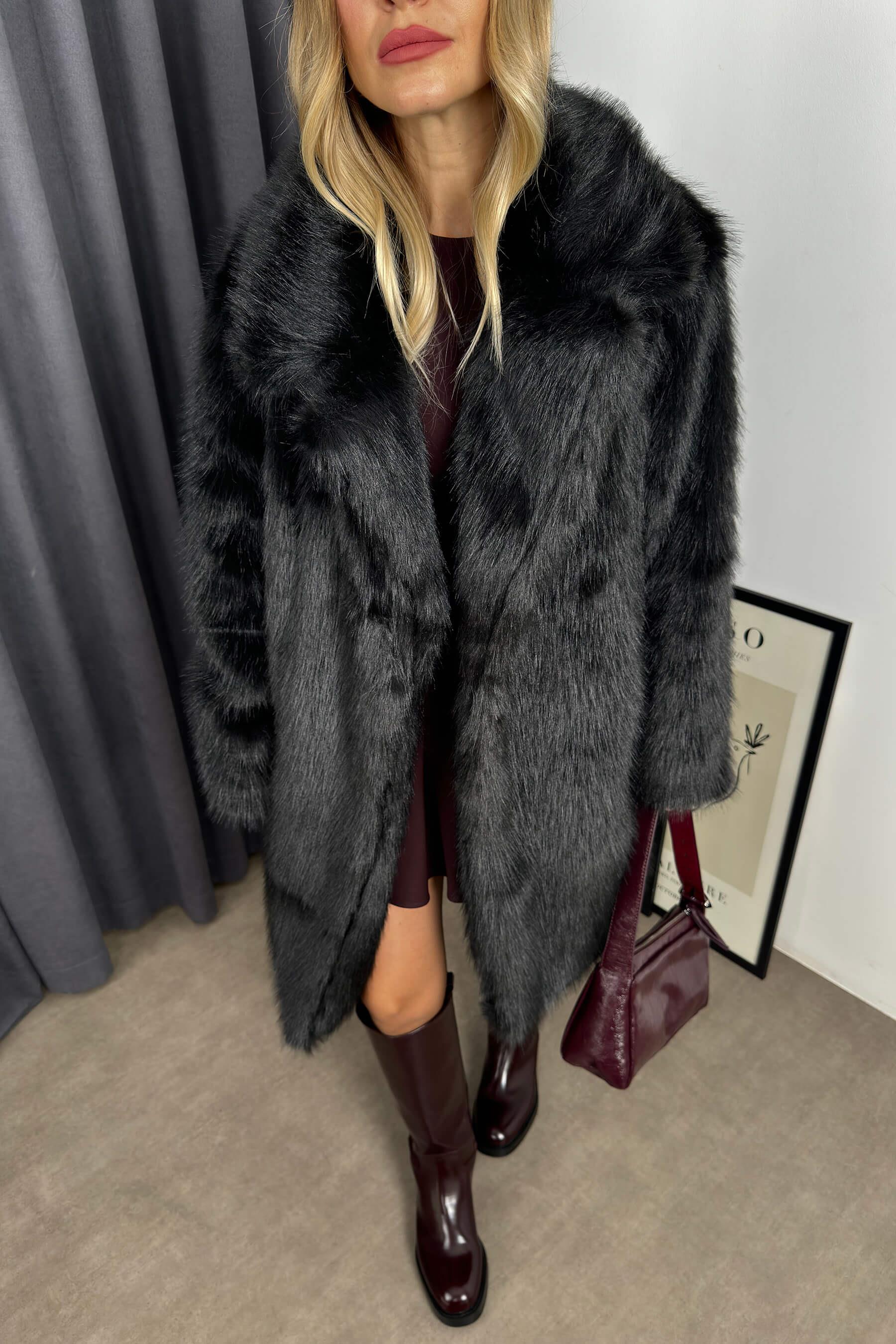 Siyah Astarlı Oversize Premium Kürk Kaban