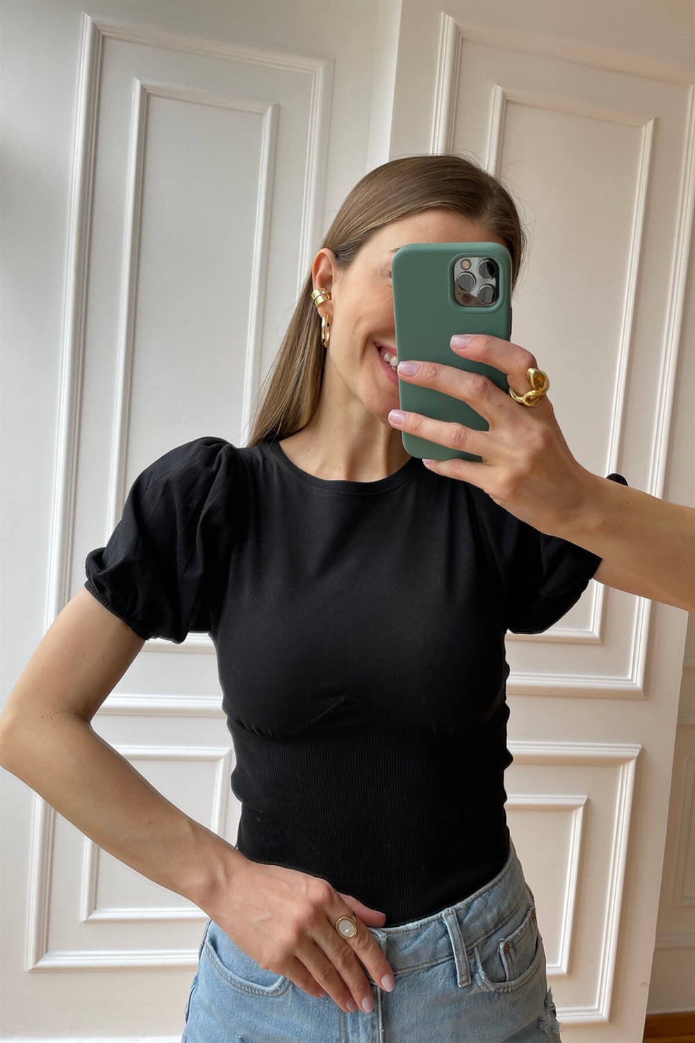 Siyah Balon Kol Korseli T-Shirt