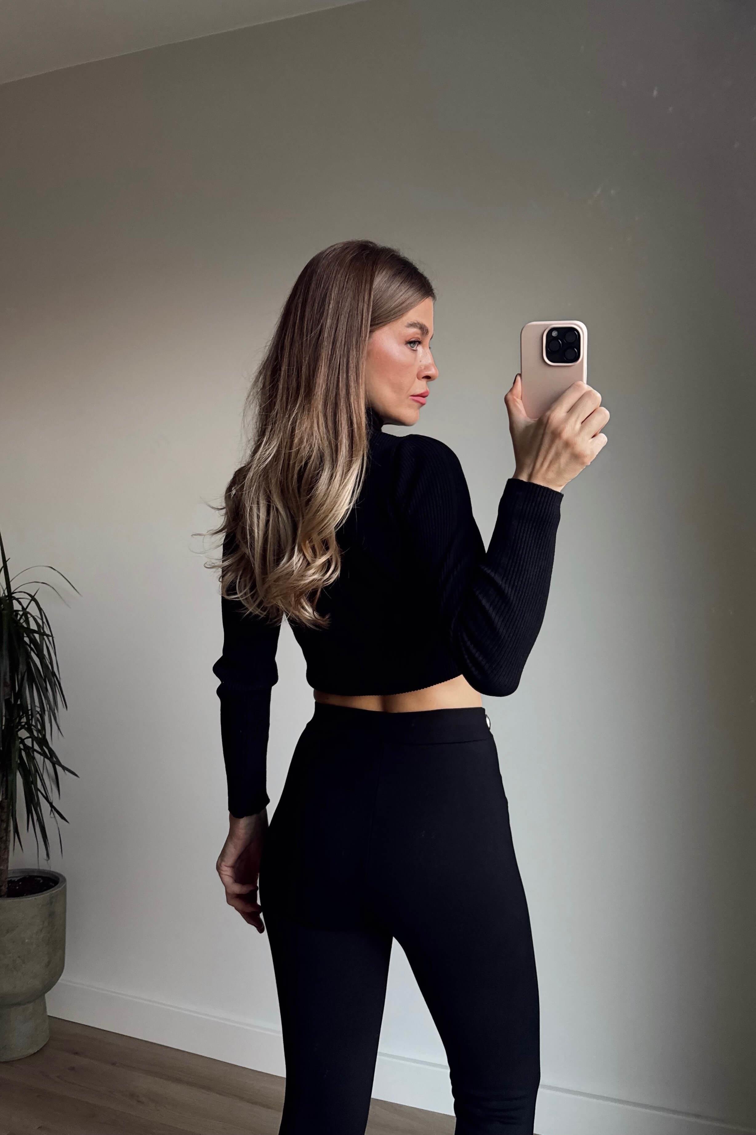 Siyah Belden Düğmeli Premium Tayt Pantolon