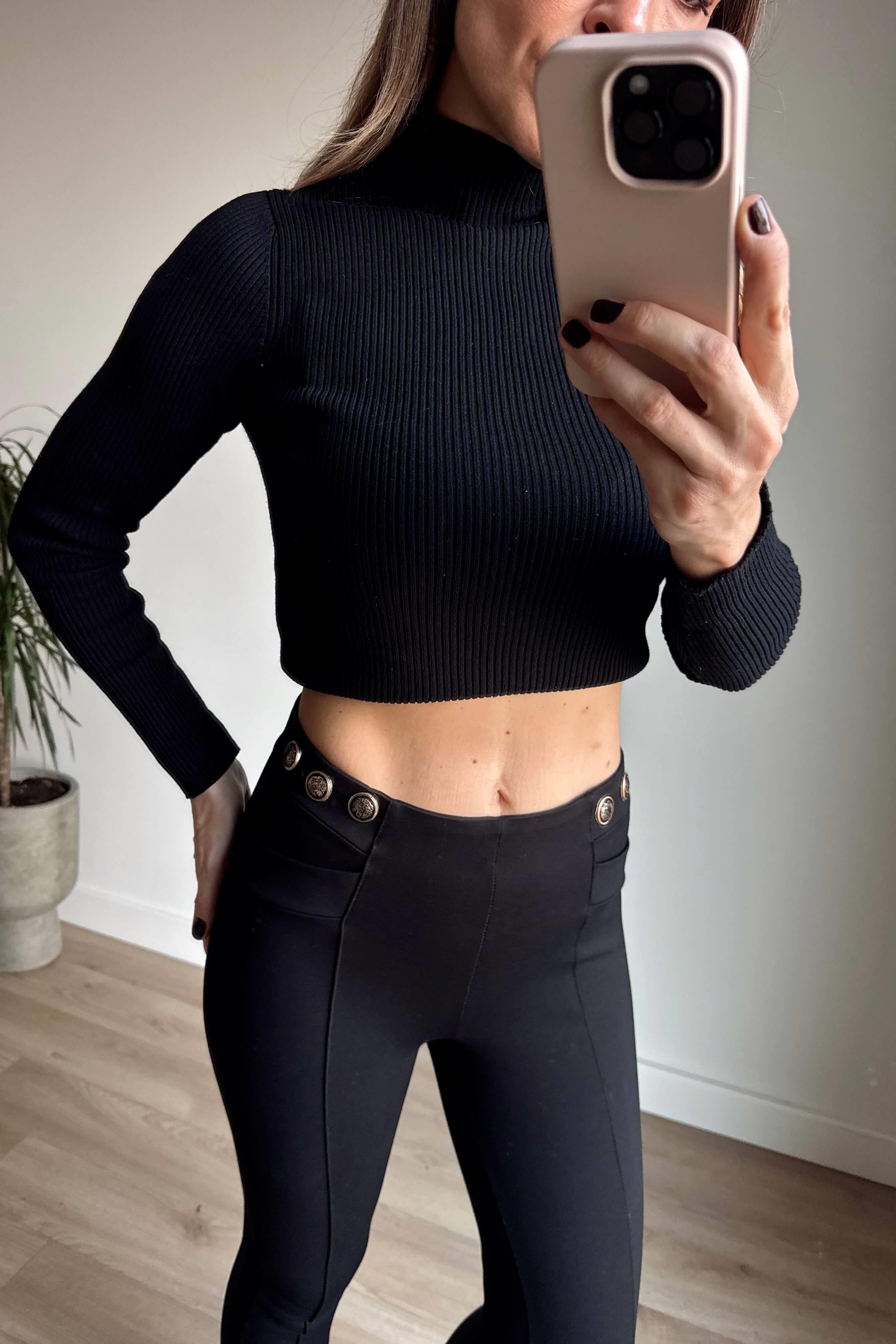 Siyah Belden Düğmeli Premium Tayt Pantolon