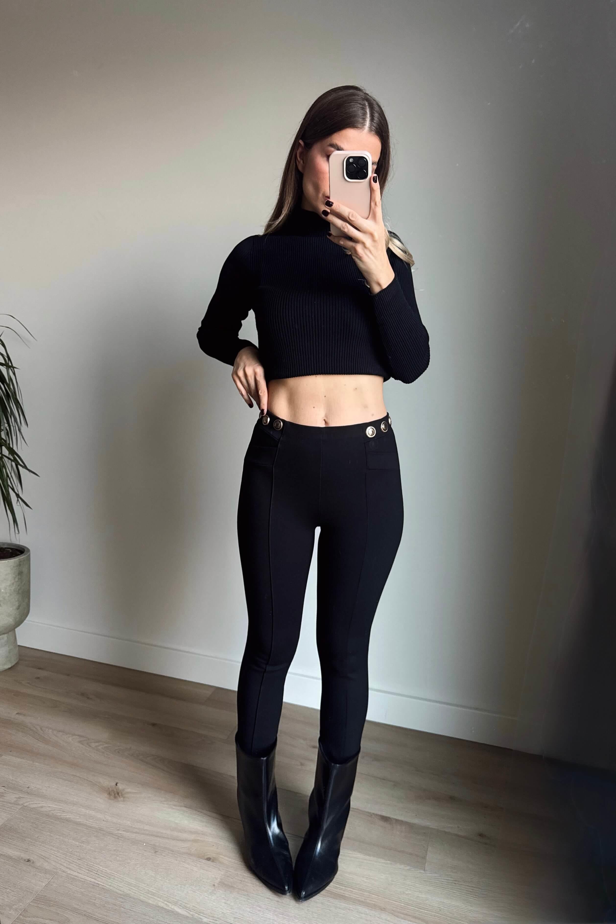 Siyah Belden Düğmeli Premium Tayt Pantolon