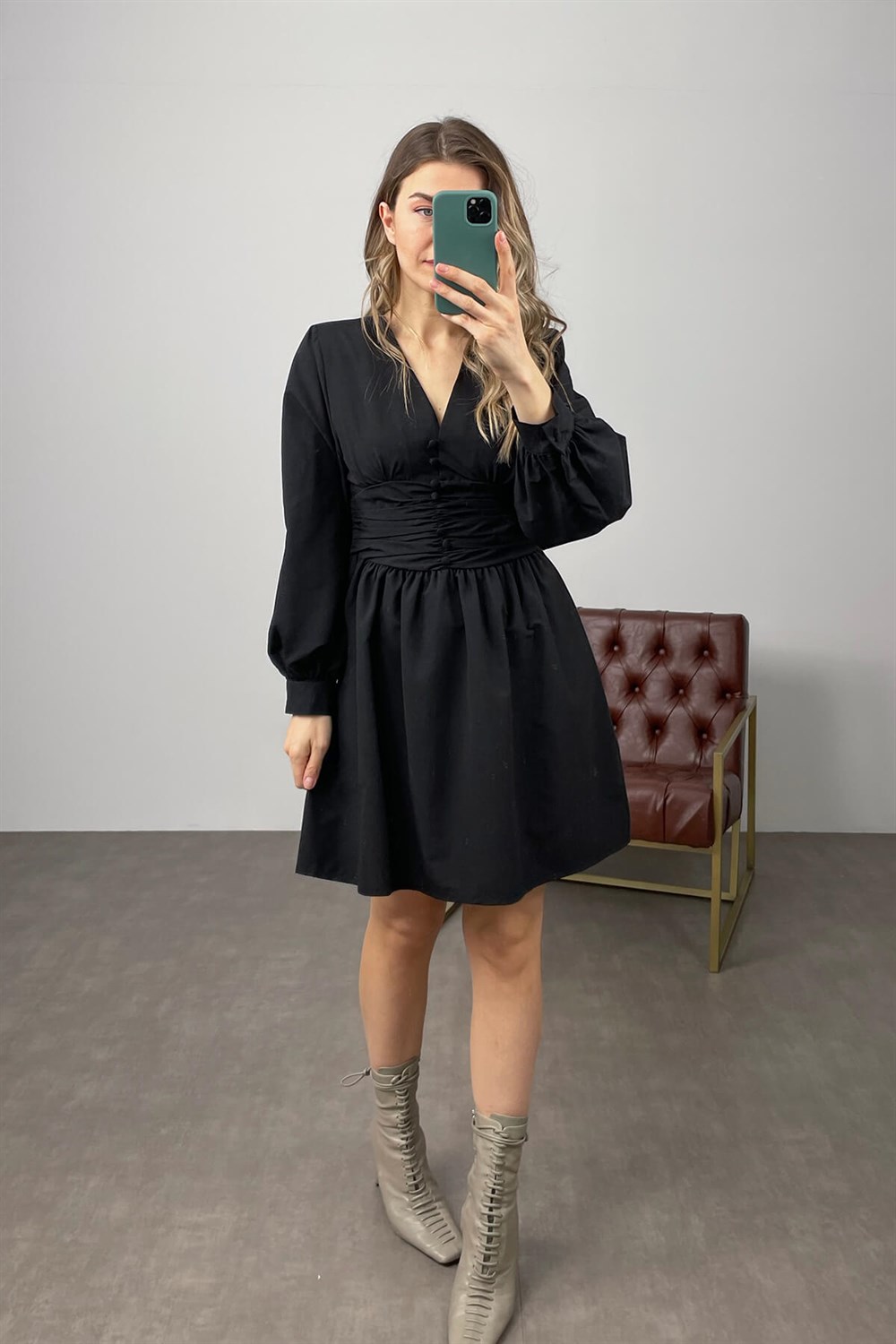 Siyah Beli Korseli Vatkalı Poplin Elbise
