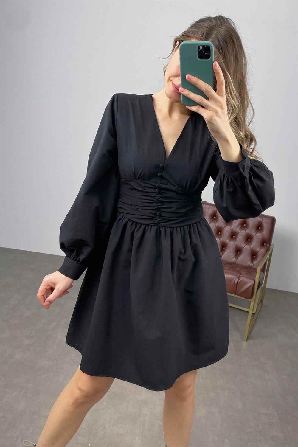 Siyah Beli Korseli Vatkalı Poplin Elbise