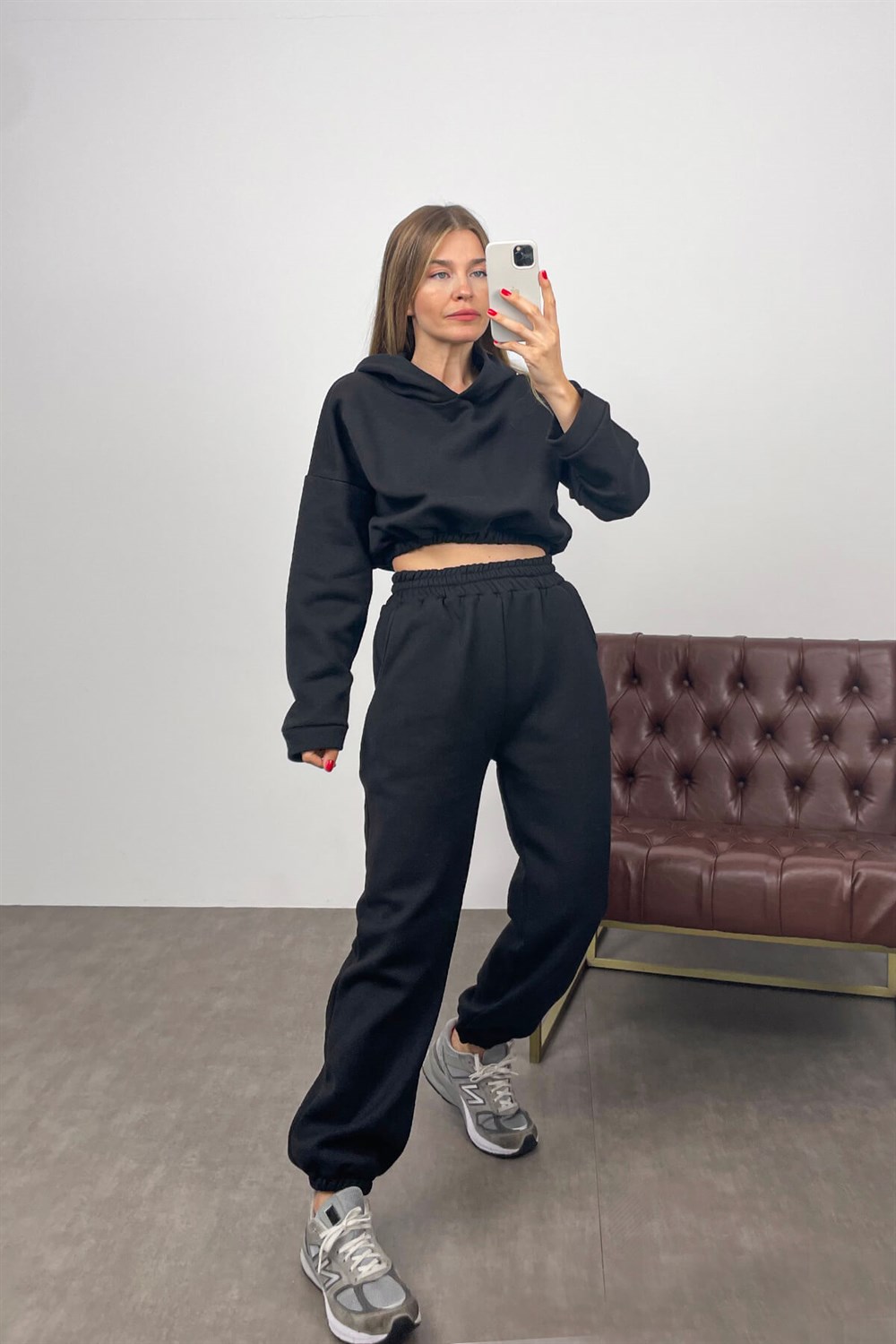 Siyah Beli Lastikli Crop Eşofman Takımı