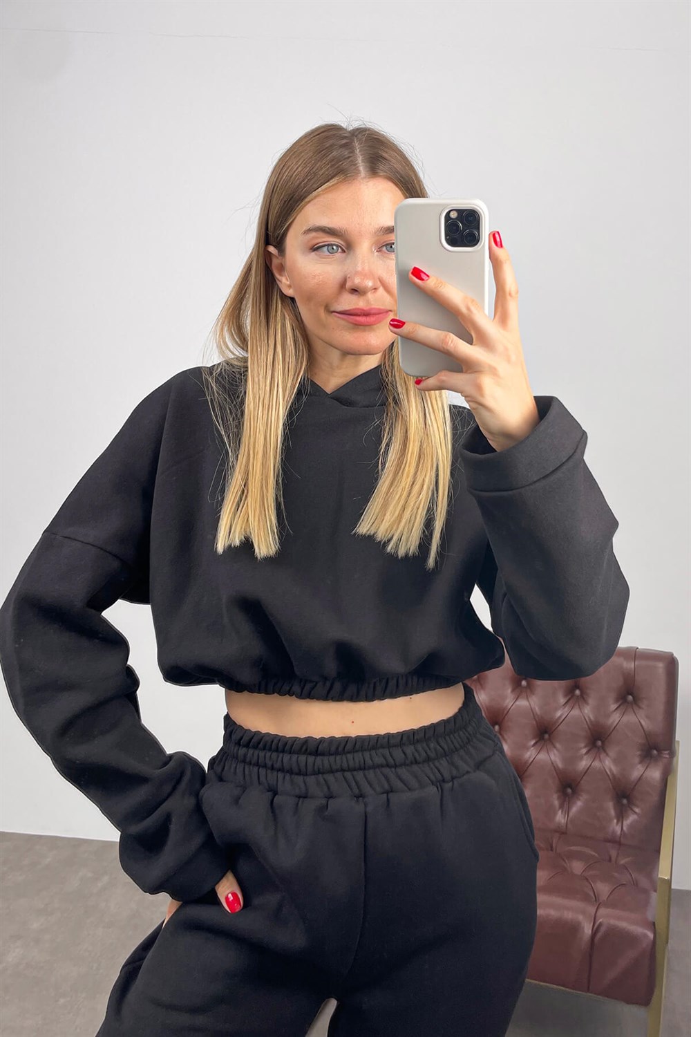 Siyah Beli Lastikli Crop Eşofman Takımı