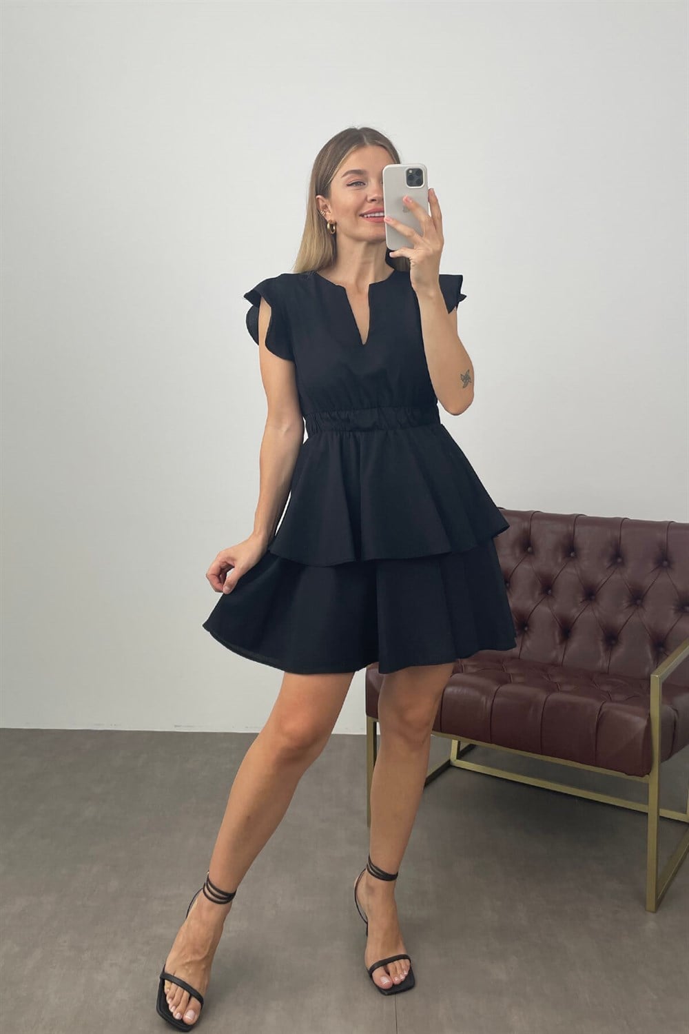 Siyah Beli Lastikli Poplin Kısa Elbise