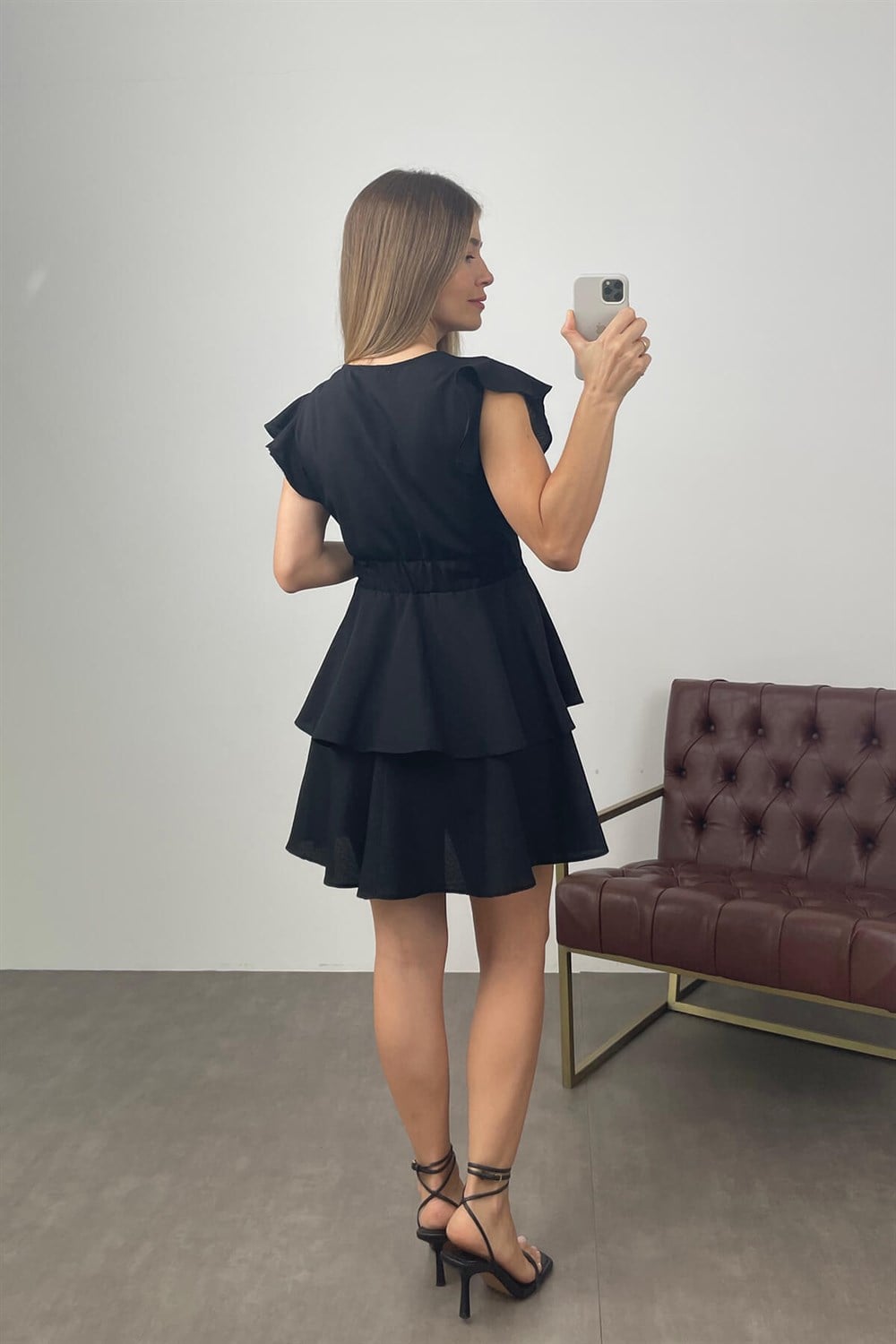 Siyah Beli Lastikli Poplin Kısa Elbise