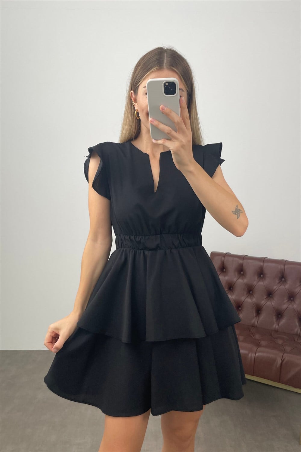 Siyah Beli Lastikli Poplin Kısa Elbise