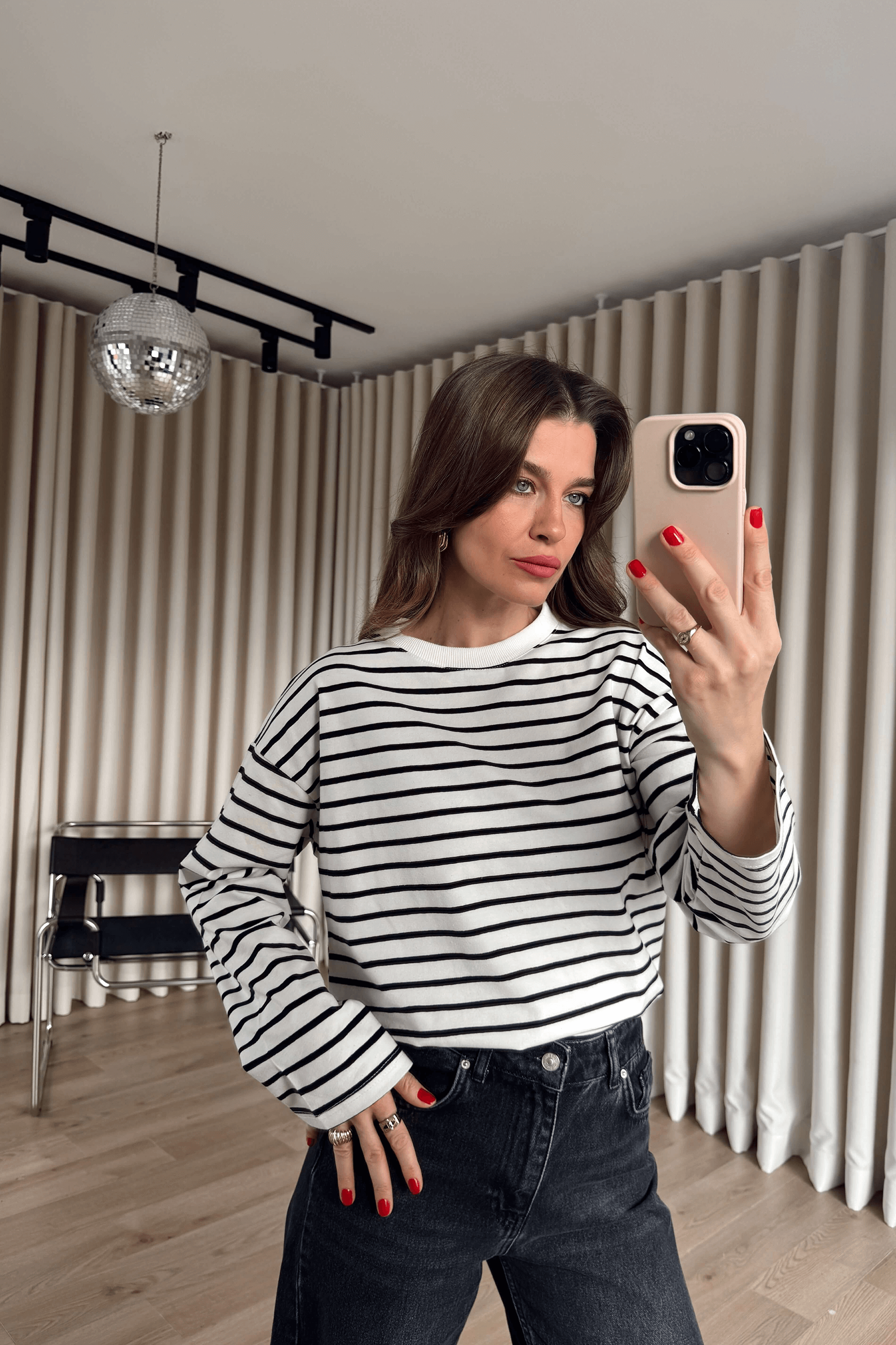 Siyah Beyaz Çizgili Bisiklet Yaka Premium İnce Sweat