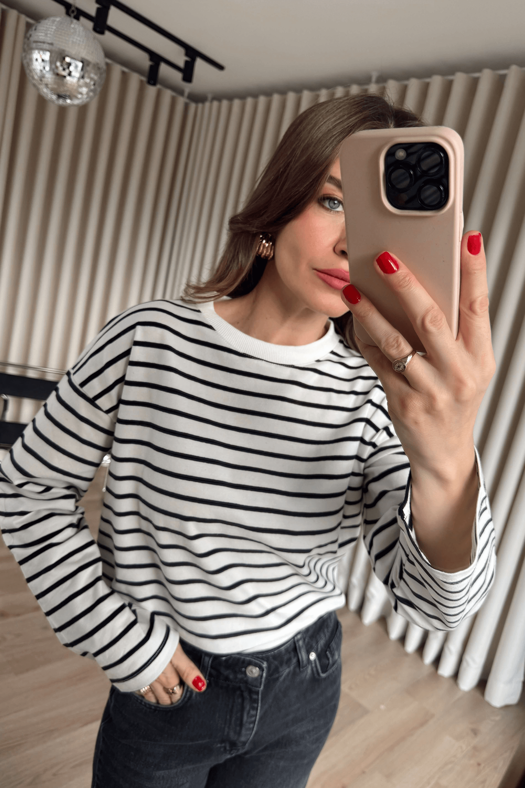 Siyah Beyaz Çizgili Bisiklet Yaka Premium İnce Sweat