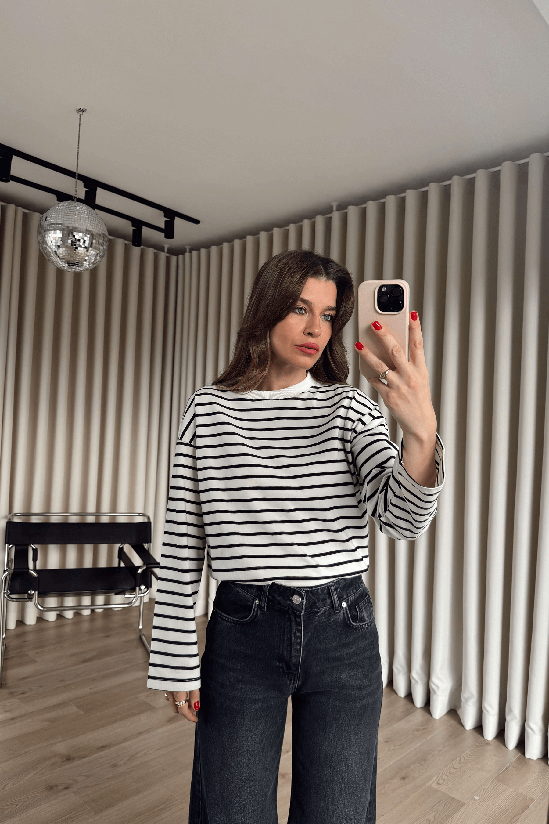 Siyah Beyaz Çizgili Bisiklet Yaka Premium İnce Sweat
