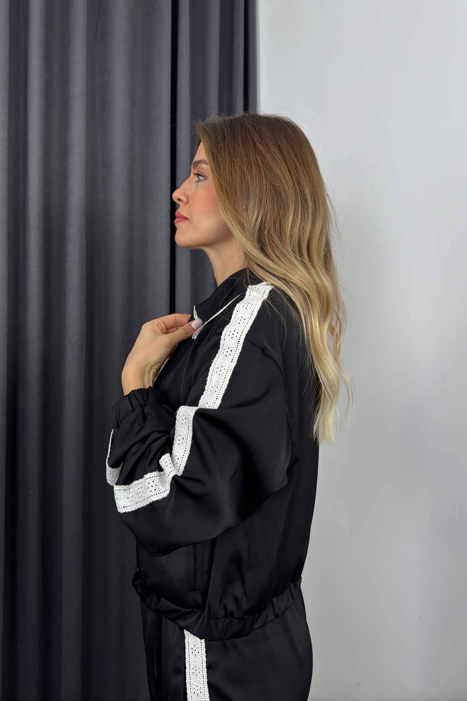 Siyah Beyaz Dantel Detaylı Tasarım Eşofman Takımı