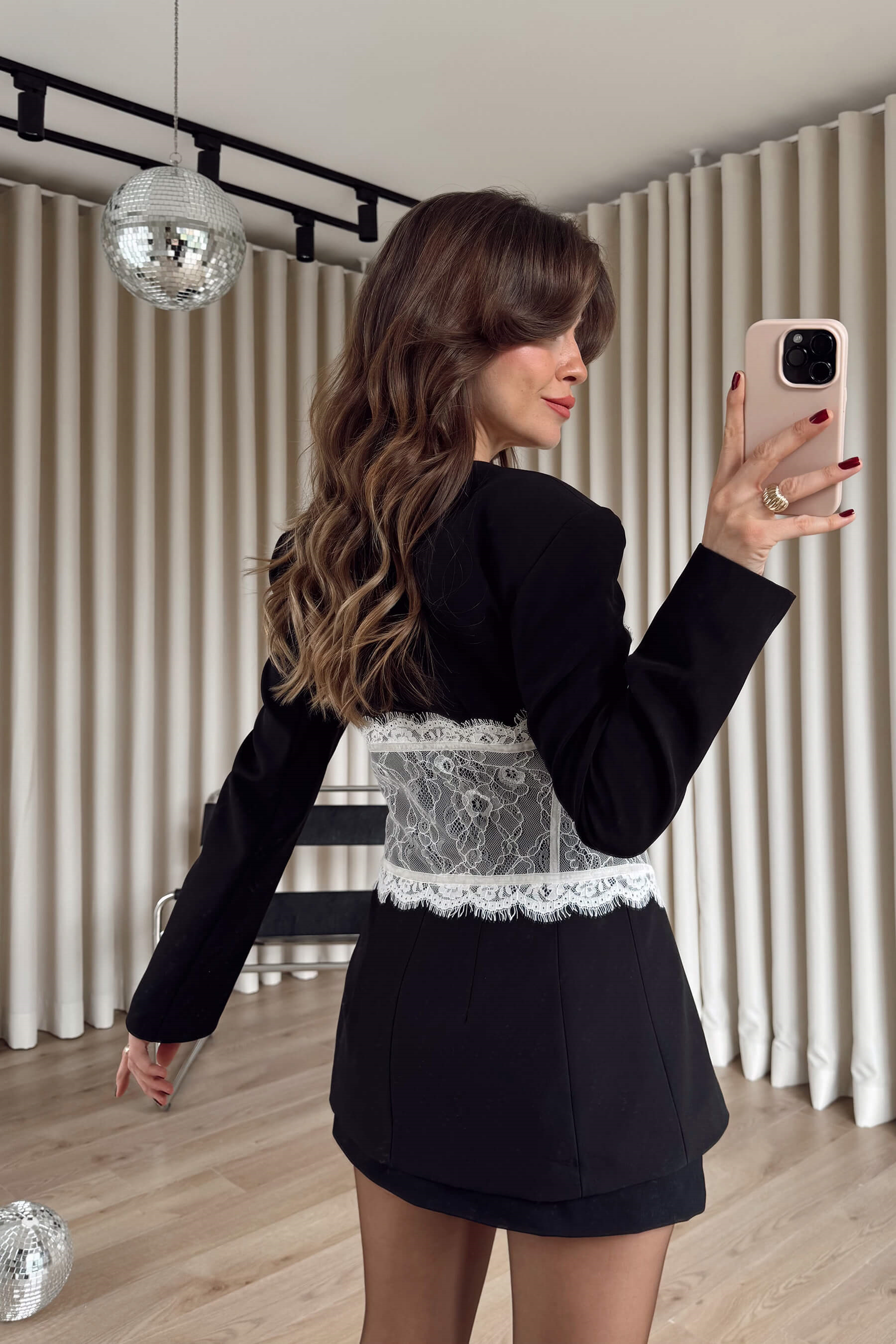 Siyah Beyaz Dantel Korseli Tasarım Blazer Ceket