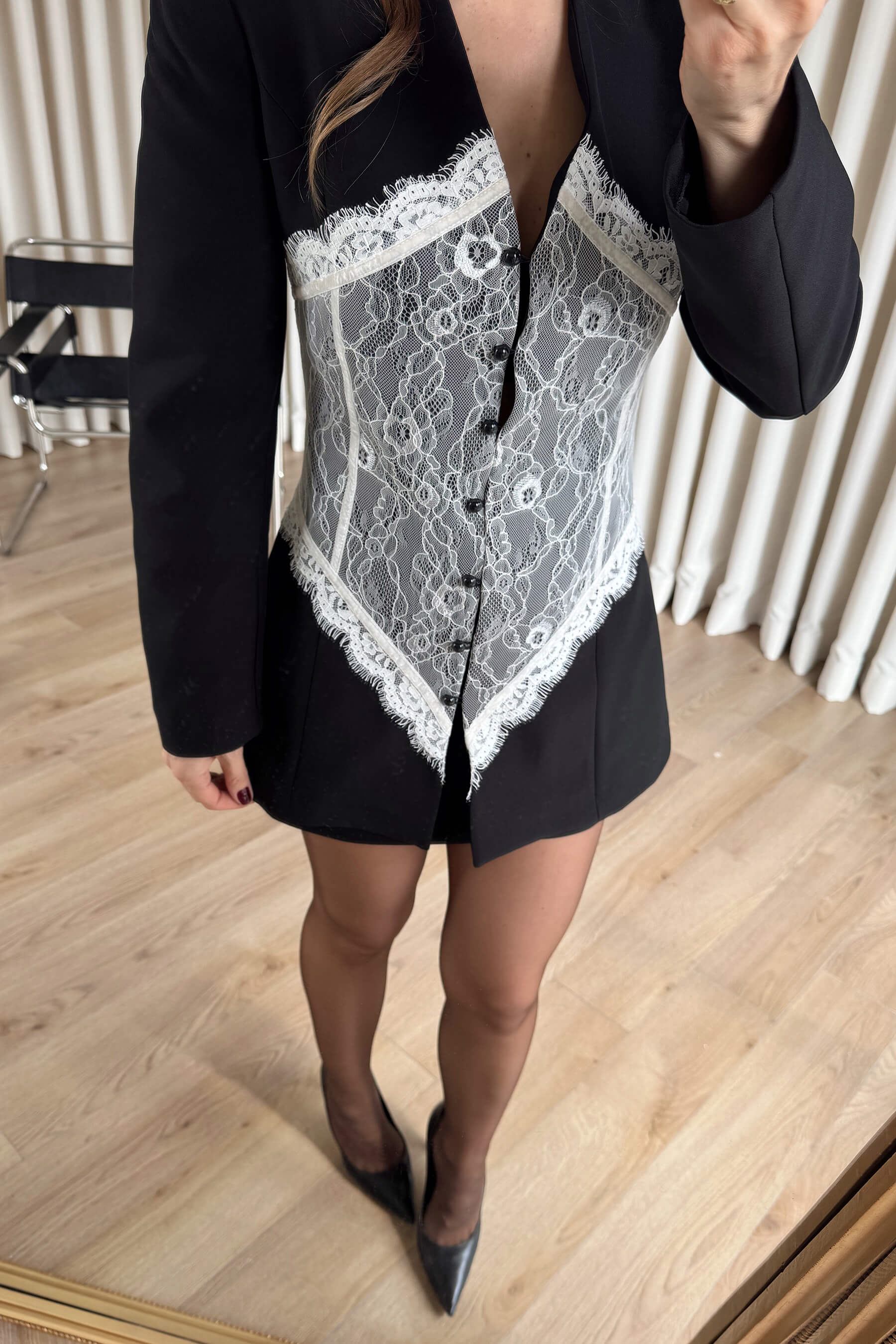 Siyah Beyaz Dantel Korseli Tasarım Blazer Ceket