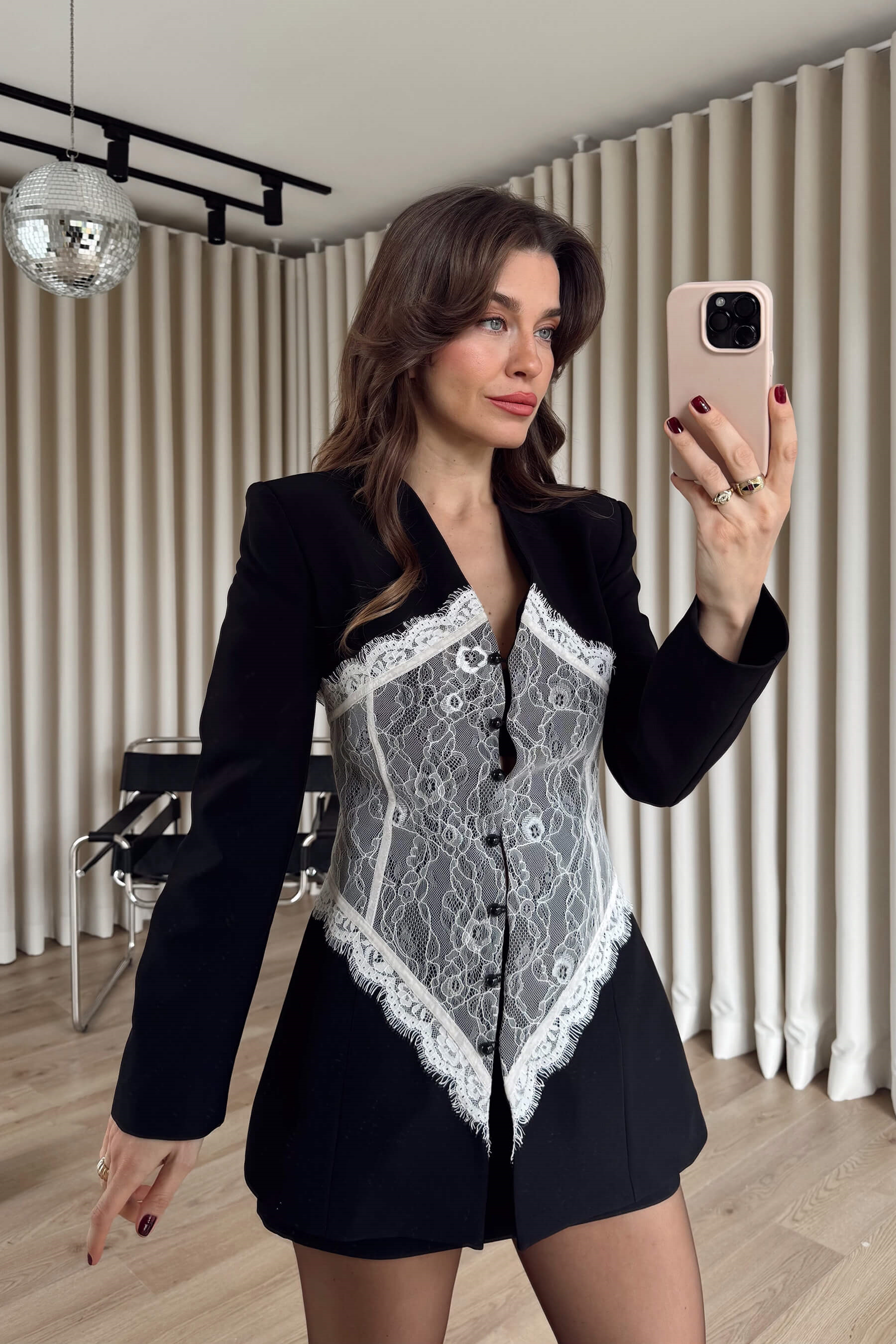 Siyah Beyaz Dantel Korseli Tasarım Blazer Ceket