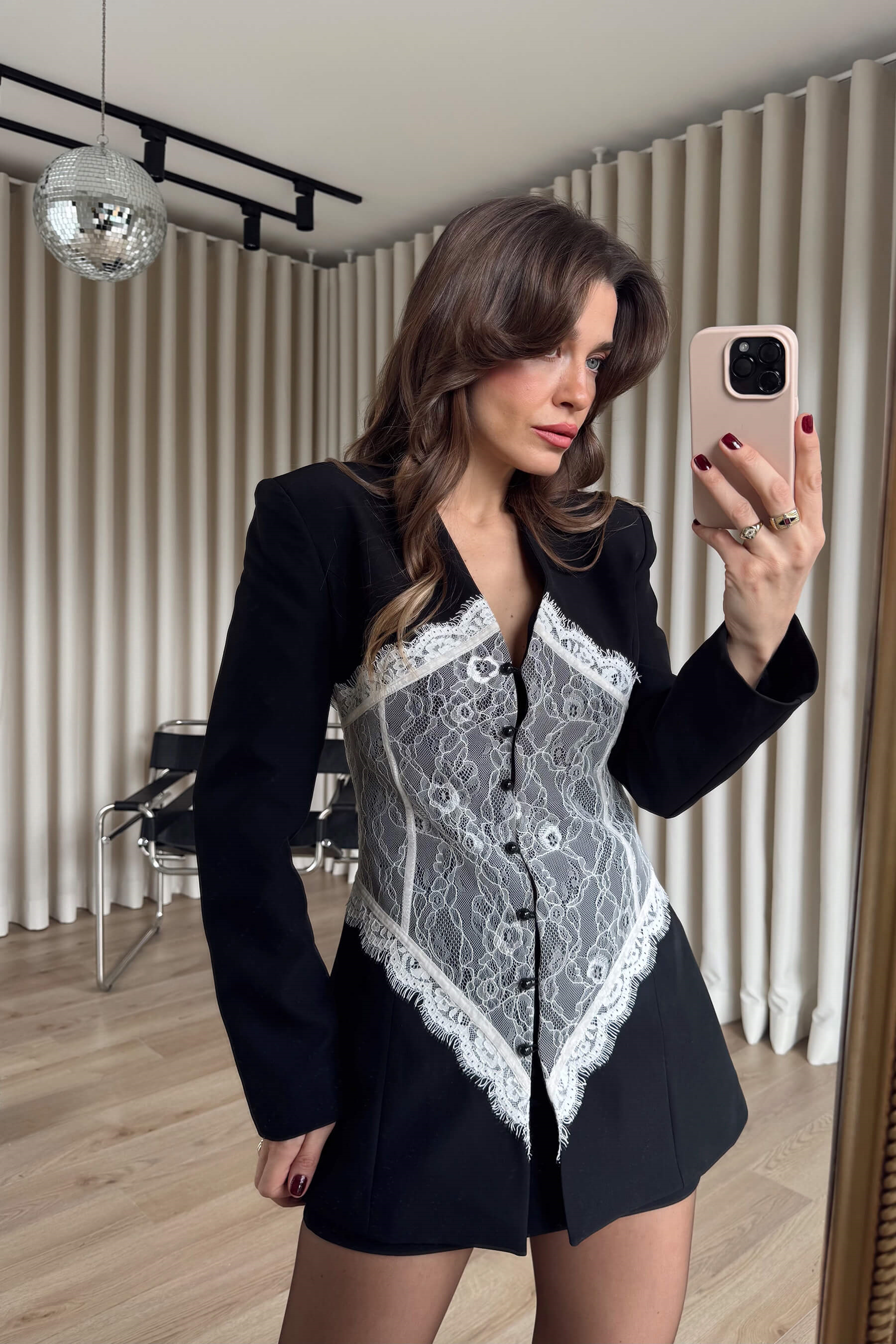 Siyah Beyaz Dantel Korseli Tasarım Blazer Ceket