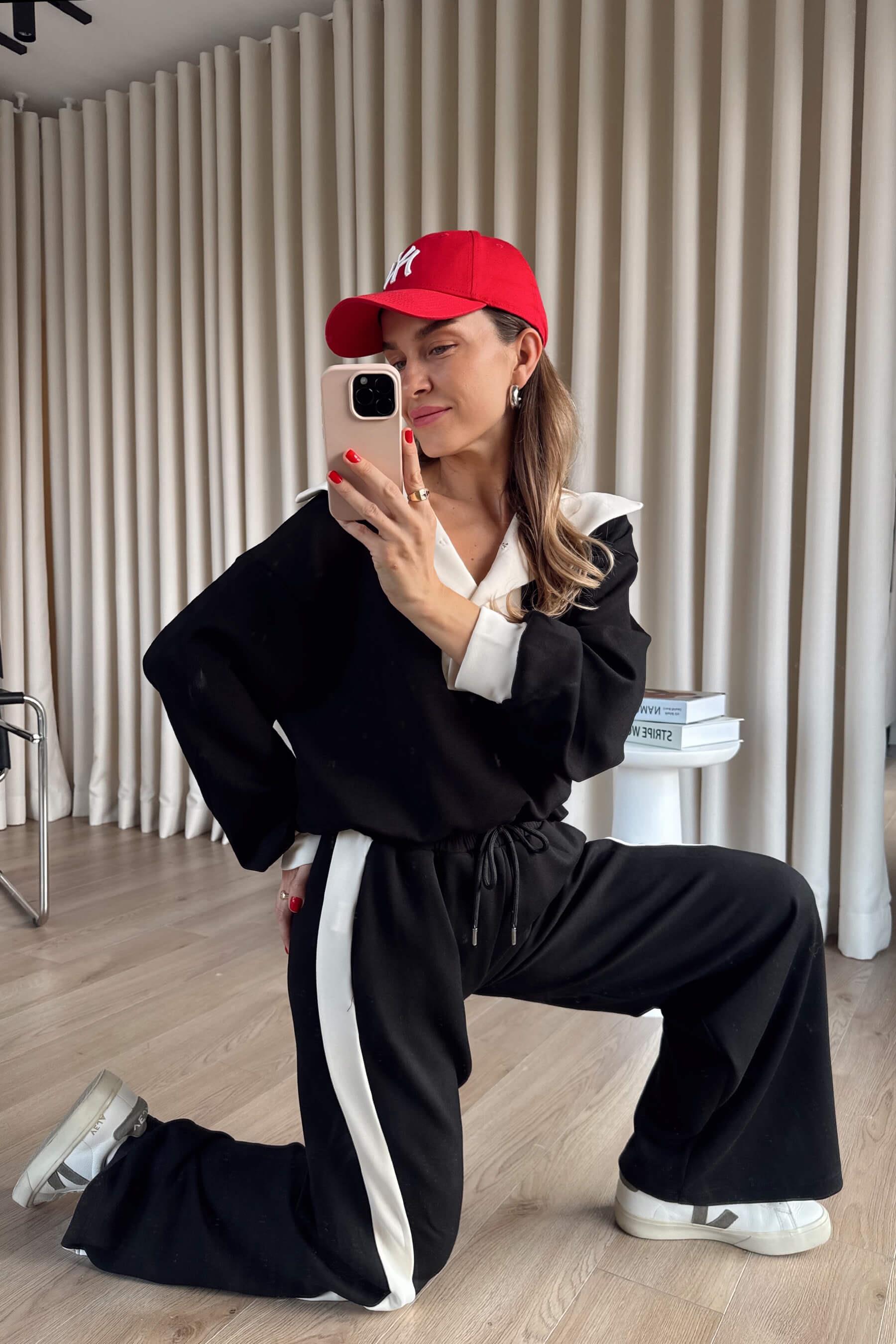 Siyah Beyaz Önü Çıtçıtlı Oversize Modal Eşofman Takımı