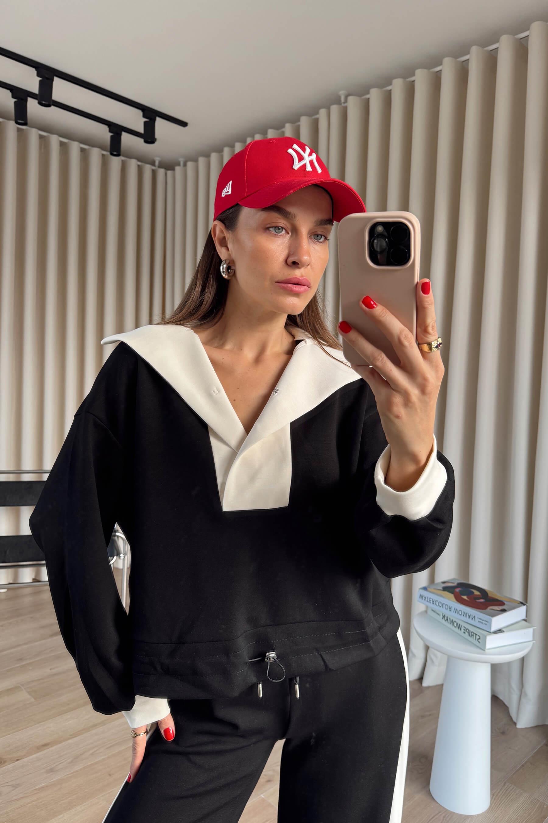 Siyah Beyaz Önü Çıtçıtlı Oversize Modal Eşofman Takımı