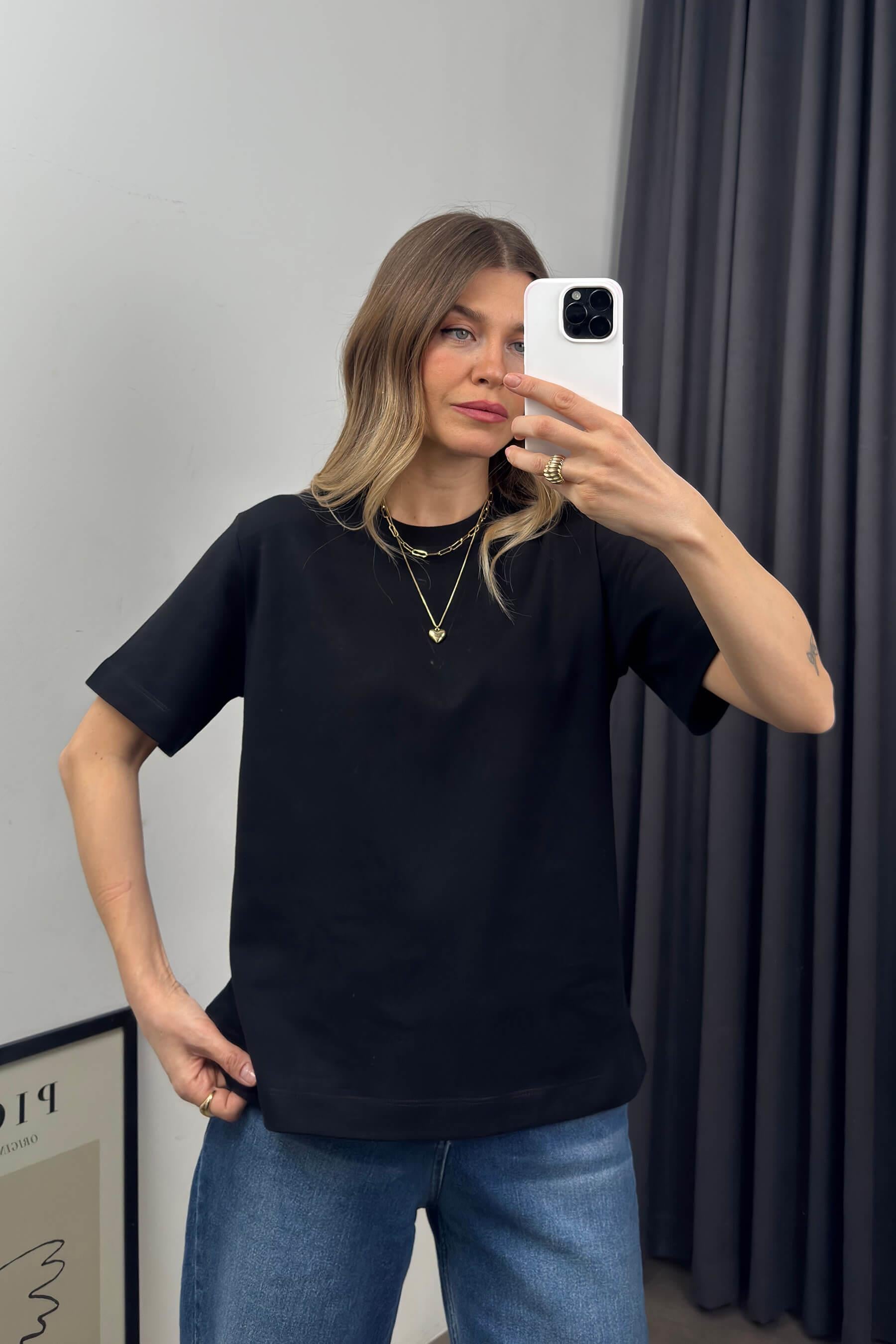 Siyah Bisiklet Yaka Premium Oversize Pamuk T-Shirt