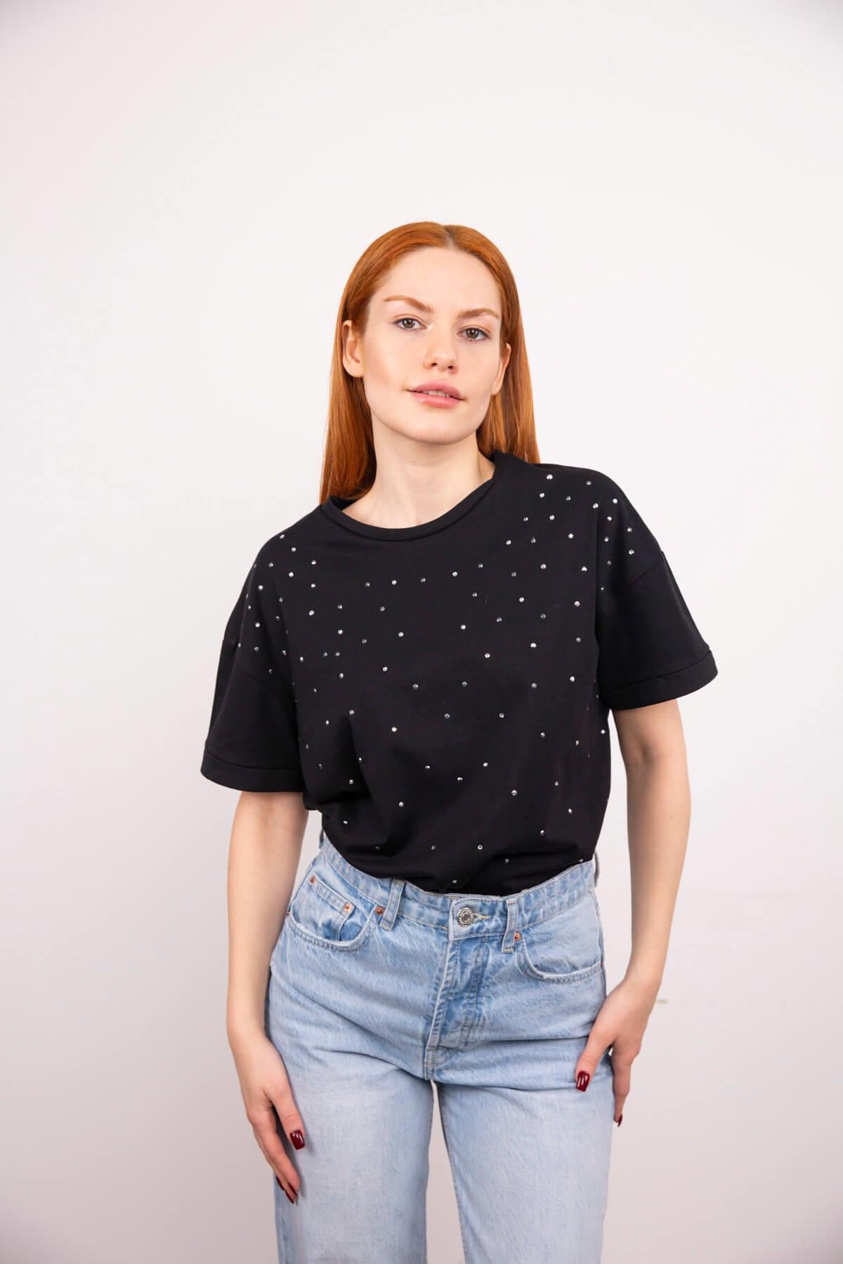 Siyah Bisiklet Yaka Taşlı T-Shirt