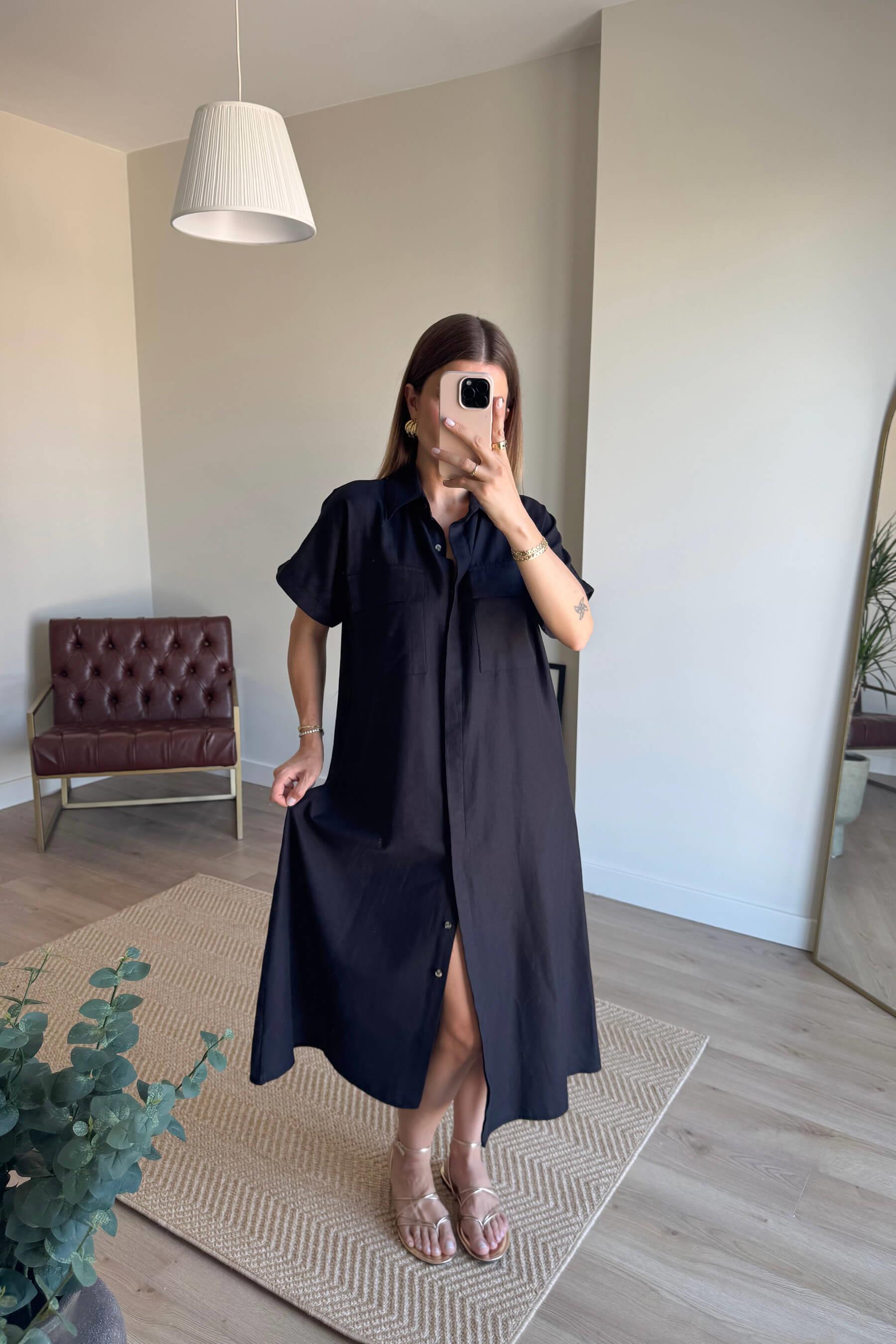 Siyah Cep Detaylı Ahşap Kemerli Gabardin Keten Görünümlü Gömlek Elbise