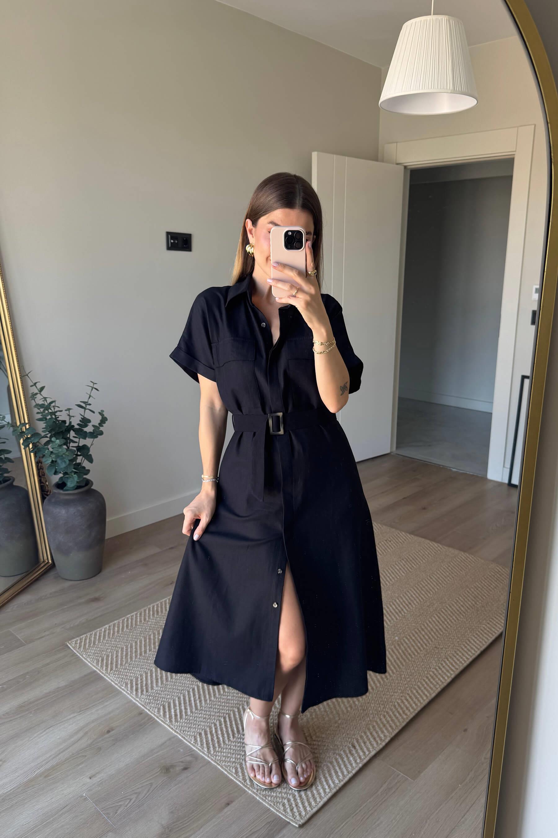 Siyah Cep Detaylı Ahşap Kemerli Gabardin Keten Görünümlü Gömlek Elbise