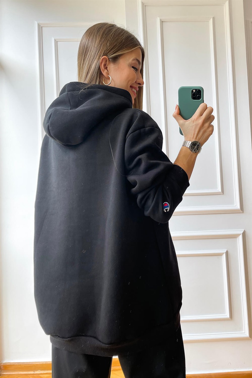 Siyah Champion Kapşonlu Sweatshirt