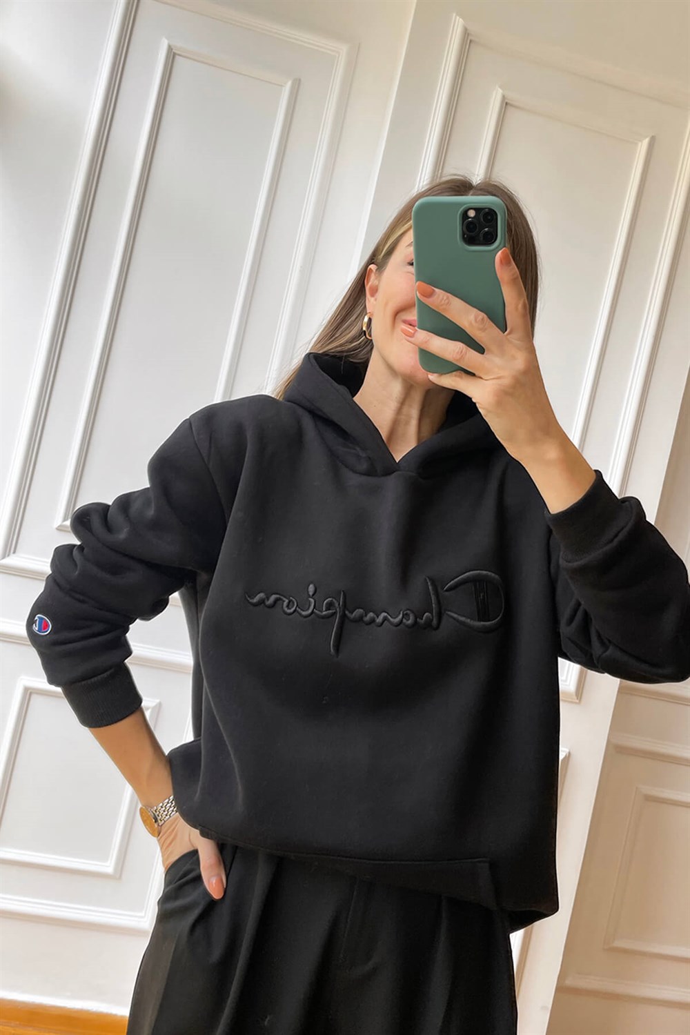 Siyah Champion Kapşonlu Sweatshirt
