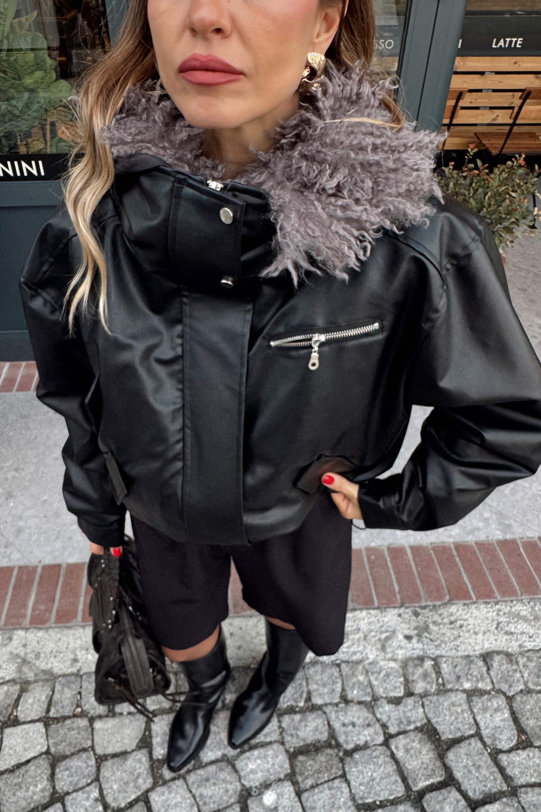 Siyah Çıkarılabilir Kürk Astarlı Bağcık Detaylı Deri Mont